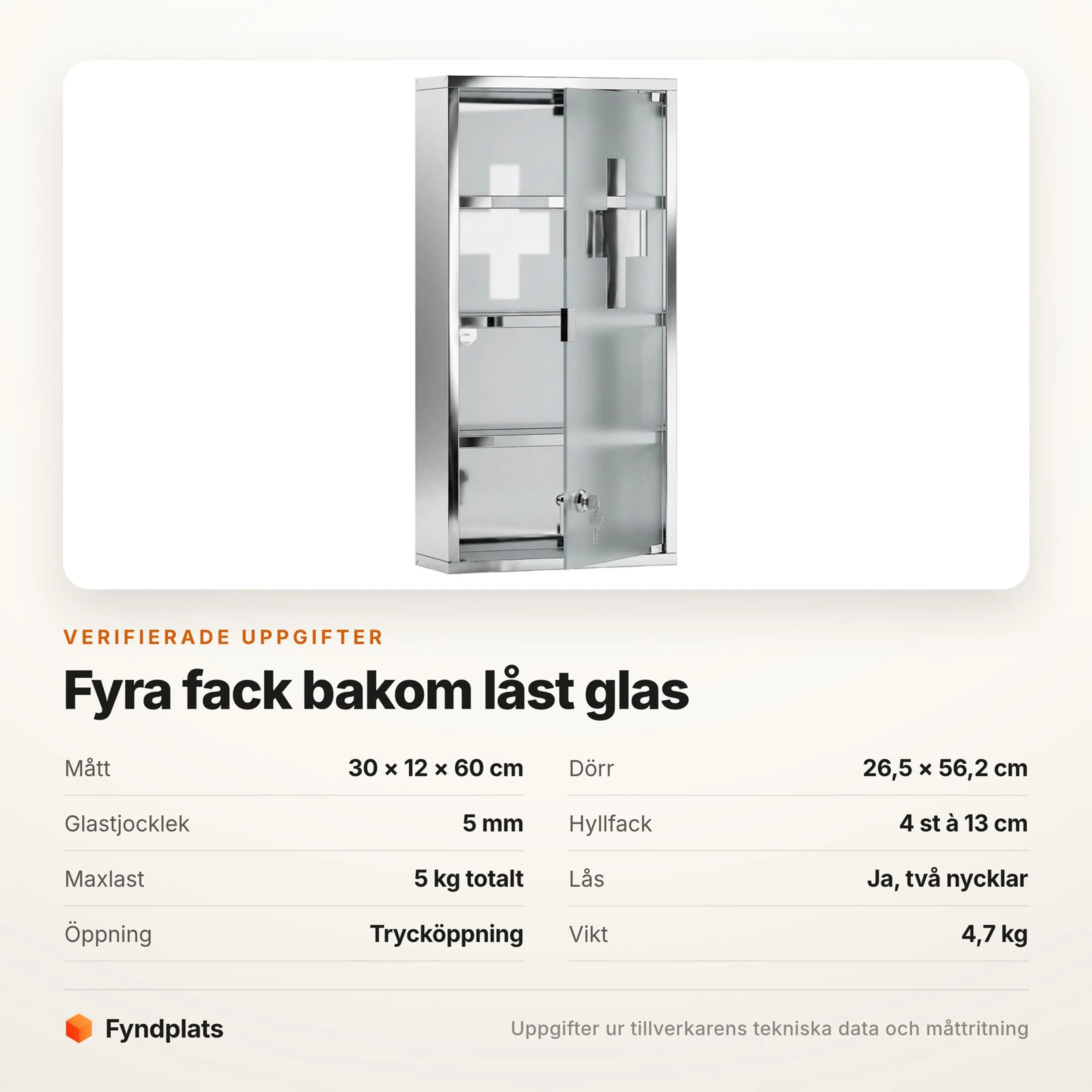 Specifikationer för medicinskåpet: 30 × 12 × 60 cm, fyra fack à 13 cm och lås med två nycklar