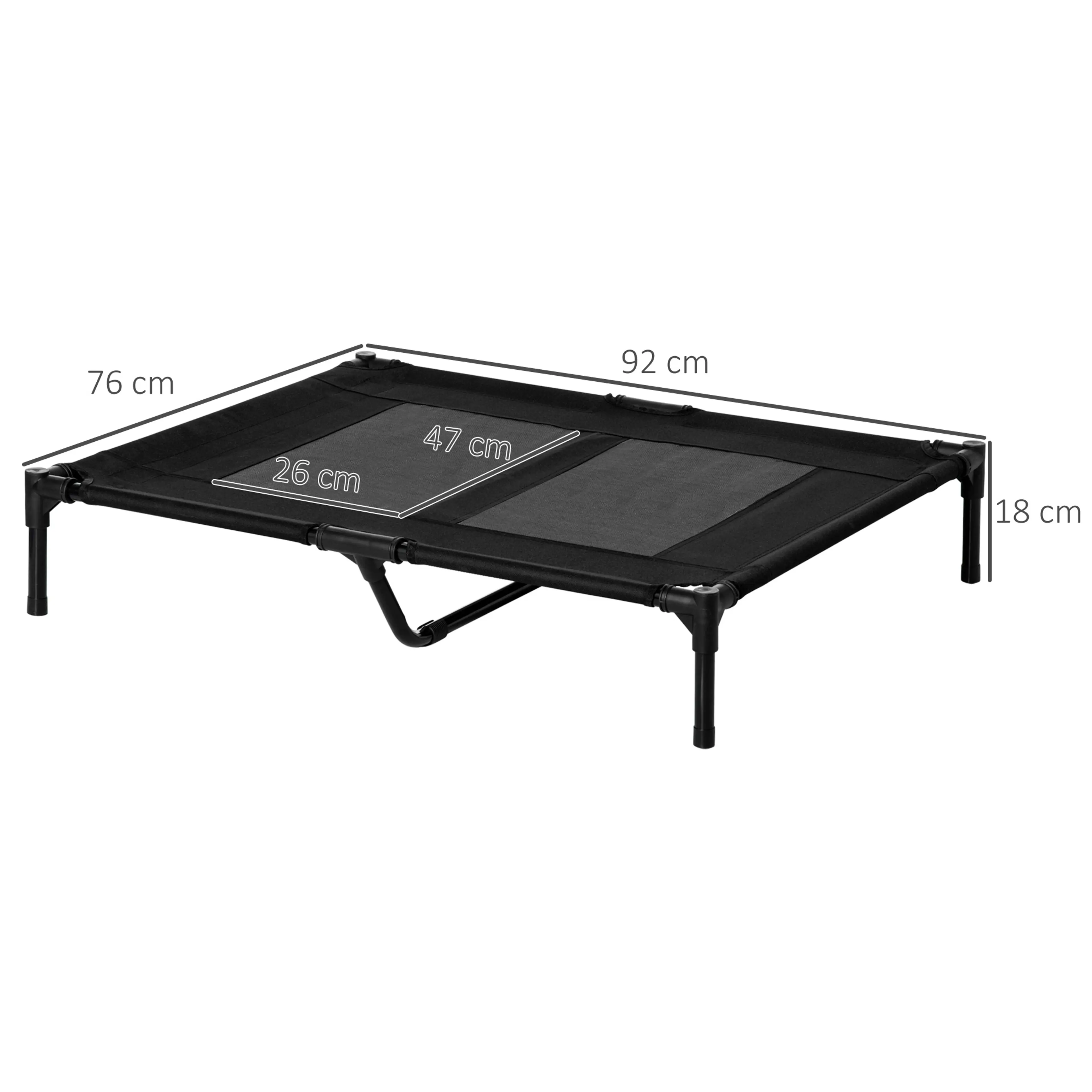 Måttskiss på hundbädden: 92 cm lång, 76 cm bred, 18 cm hög och nätpanel på 47 x 26 cm