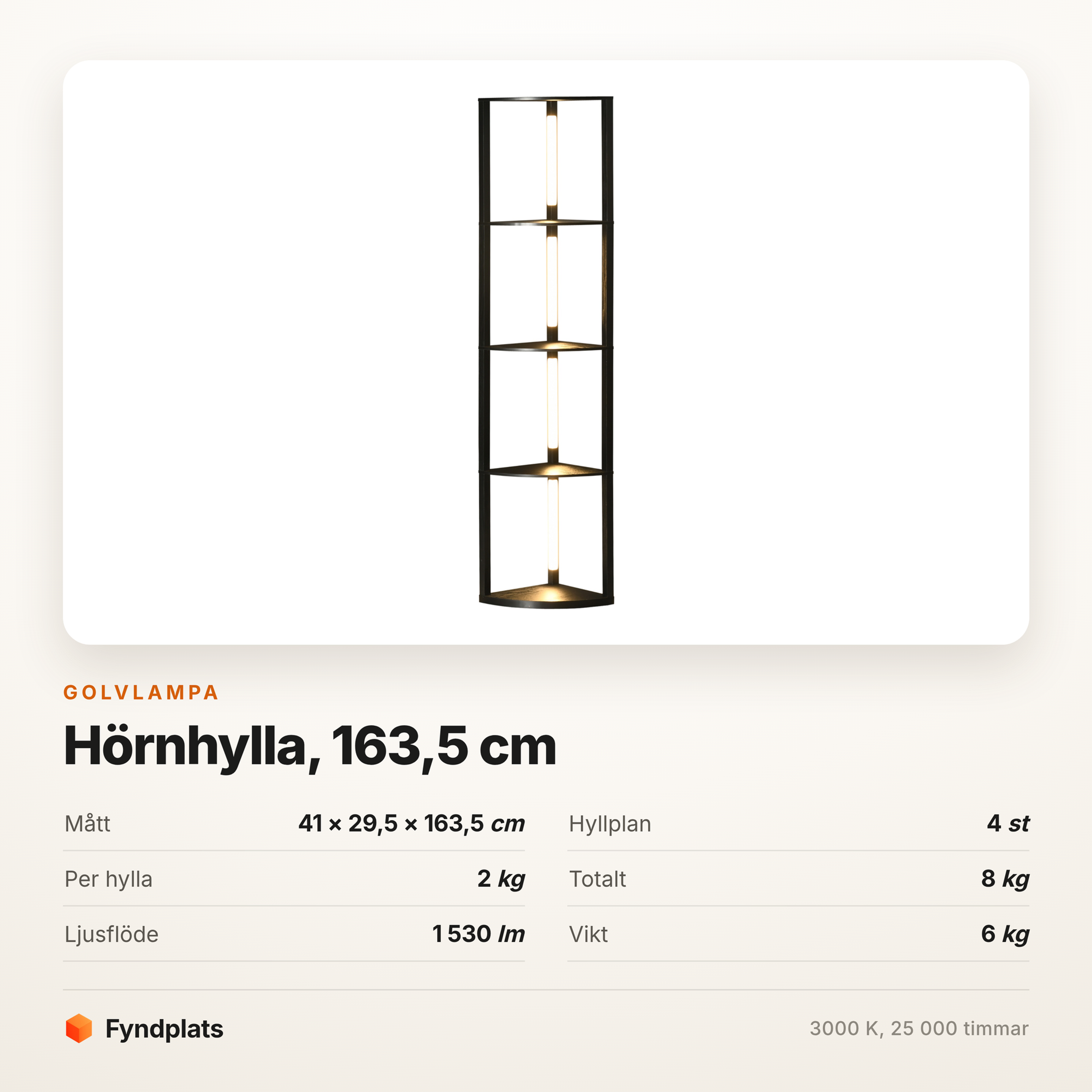 Golvlampa med hörnhylla 163,5 cm – fyra hyllplan och LED-stav – bild 5