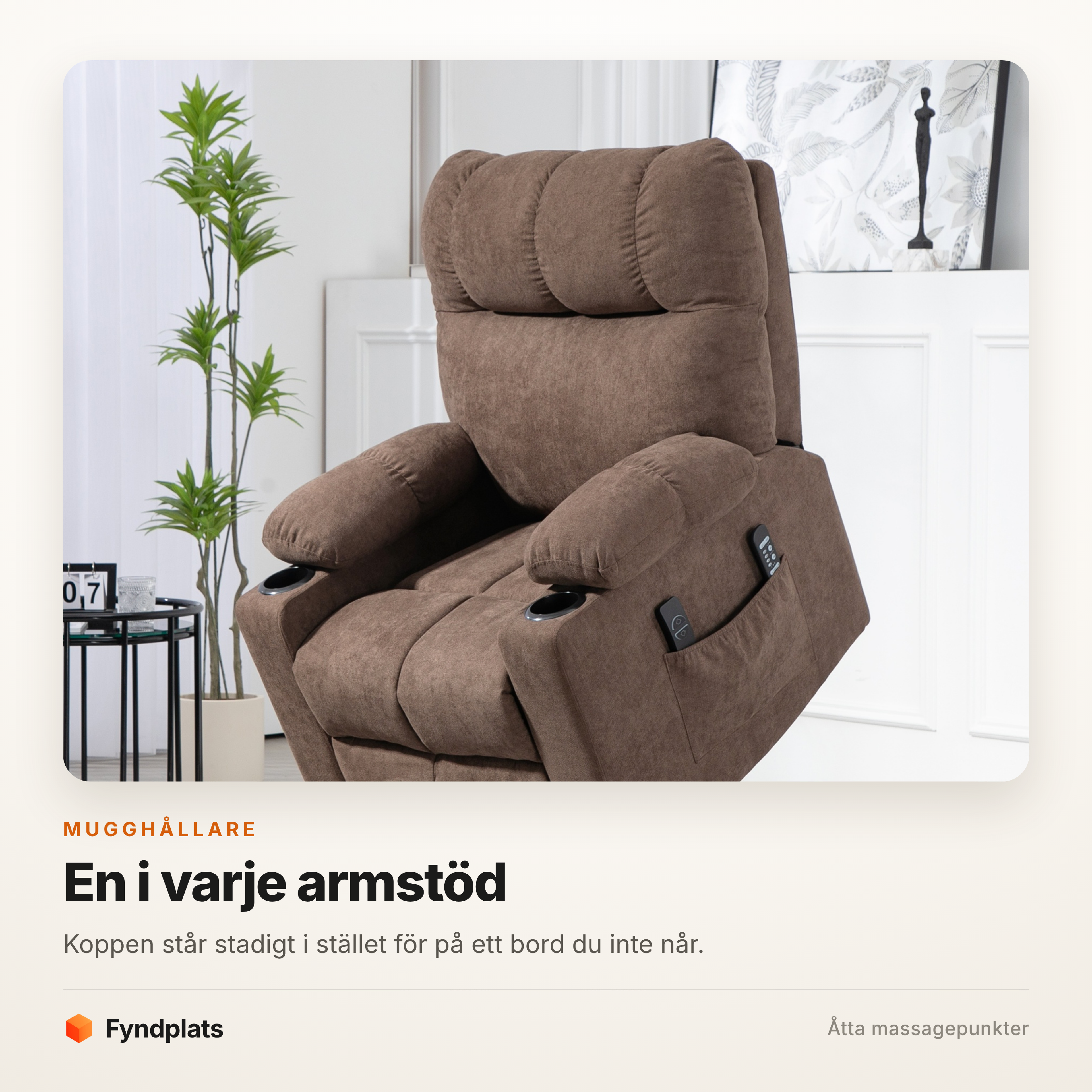 Uppresningsfåtölj brun med mugghållare – massage, ländvärme och 60 cm sits – bild 2
