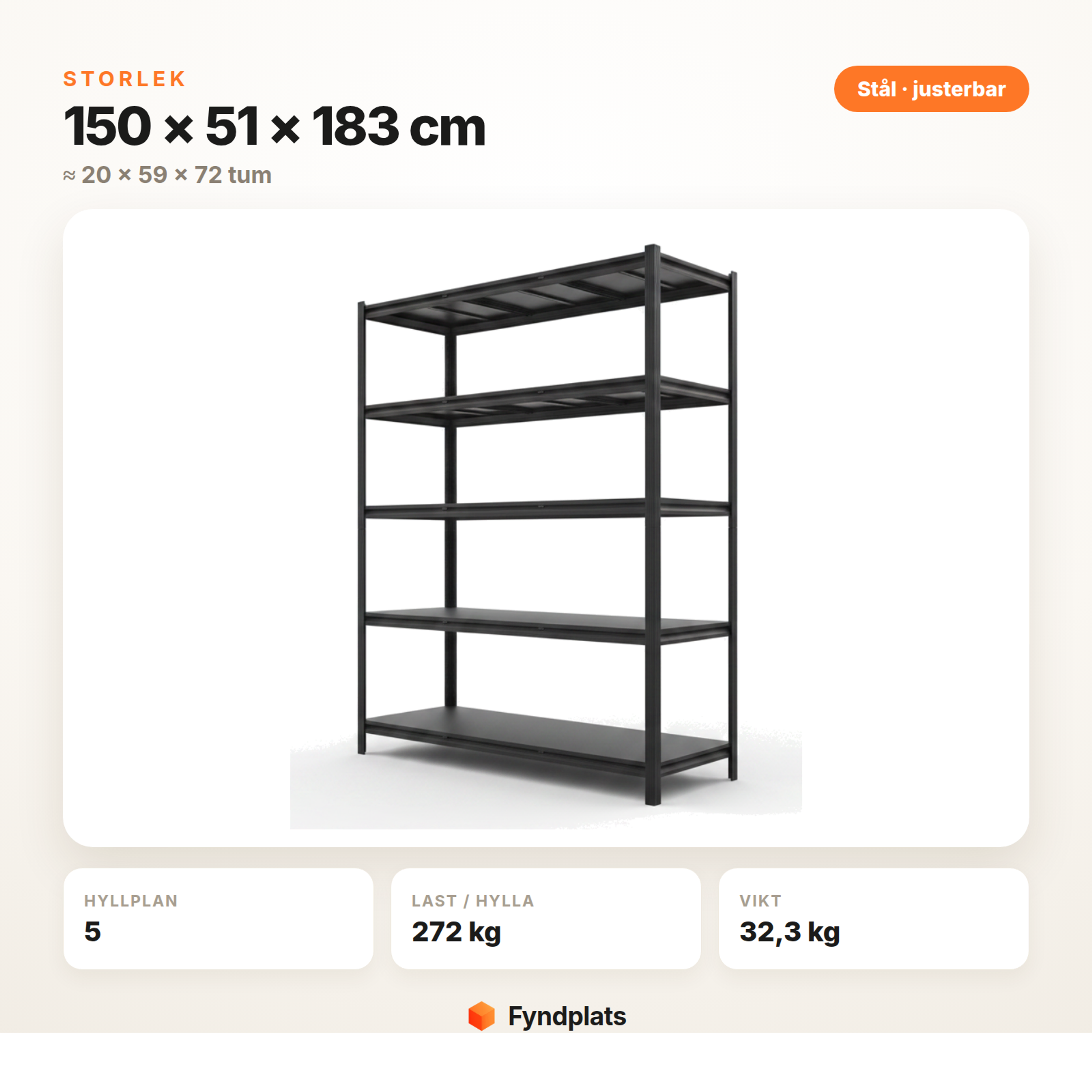 Bred garagehylla 51 × 150 × 183 cm med 5 hyllplan