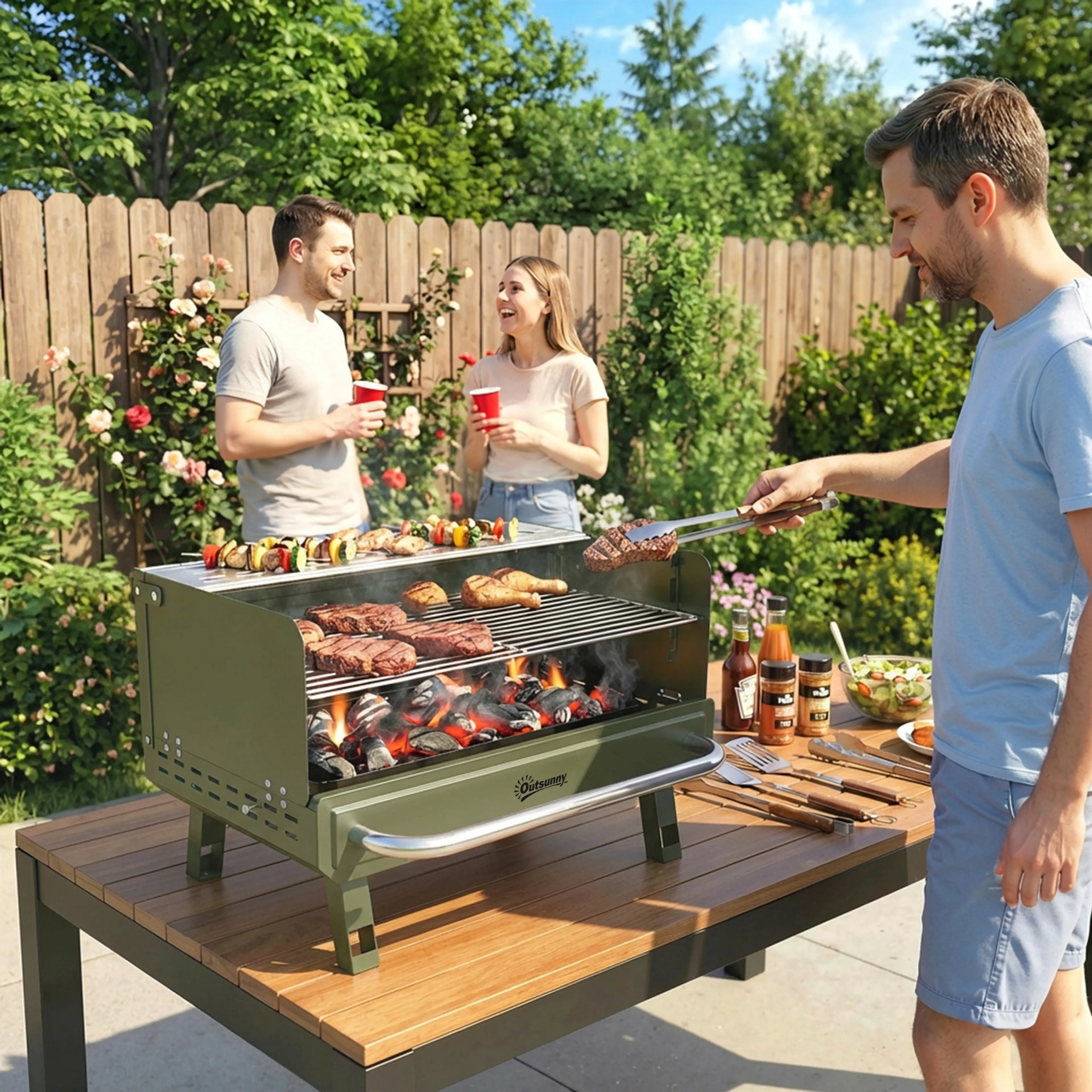 Hopfällbar kolgrill – bärbar campinggrill, justerbart galler