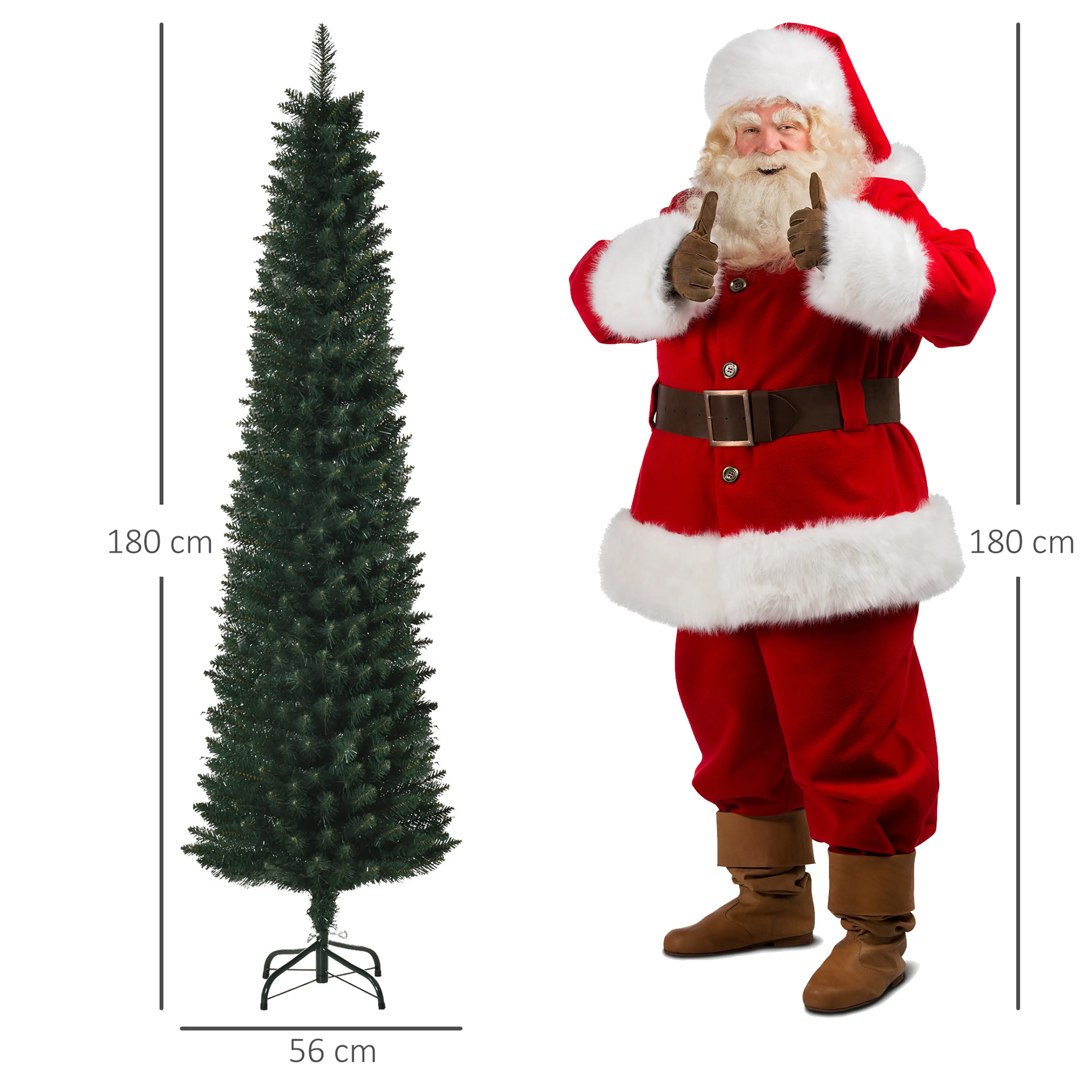 Måttbild: granen är 180 cm hög och Ø56 cm, bredvid en tomte i samma höjd