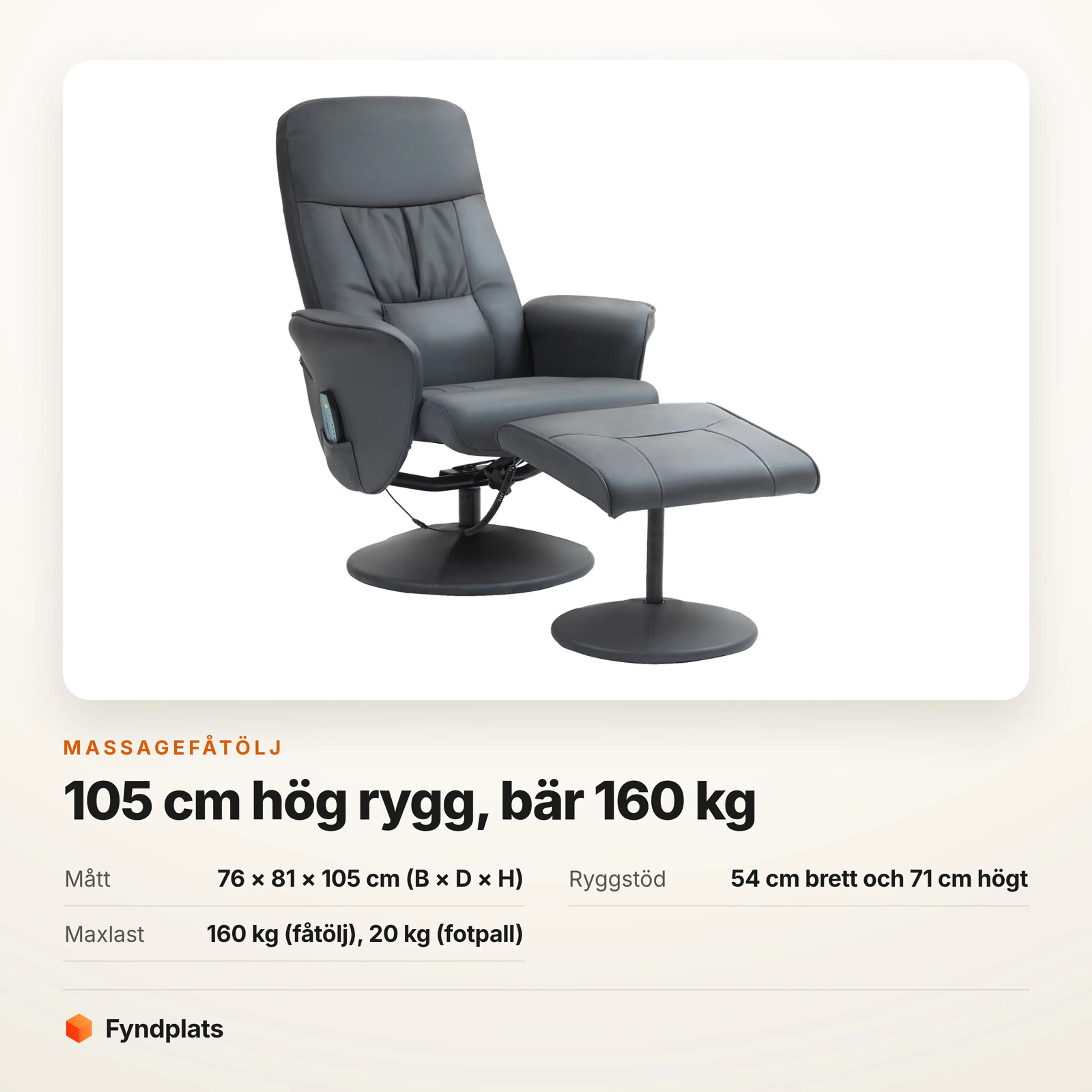Faktakort: massagefåtölj mörkgrå, 76 × 81 × 105 cm och maxlast 160 kg