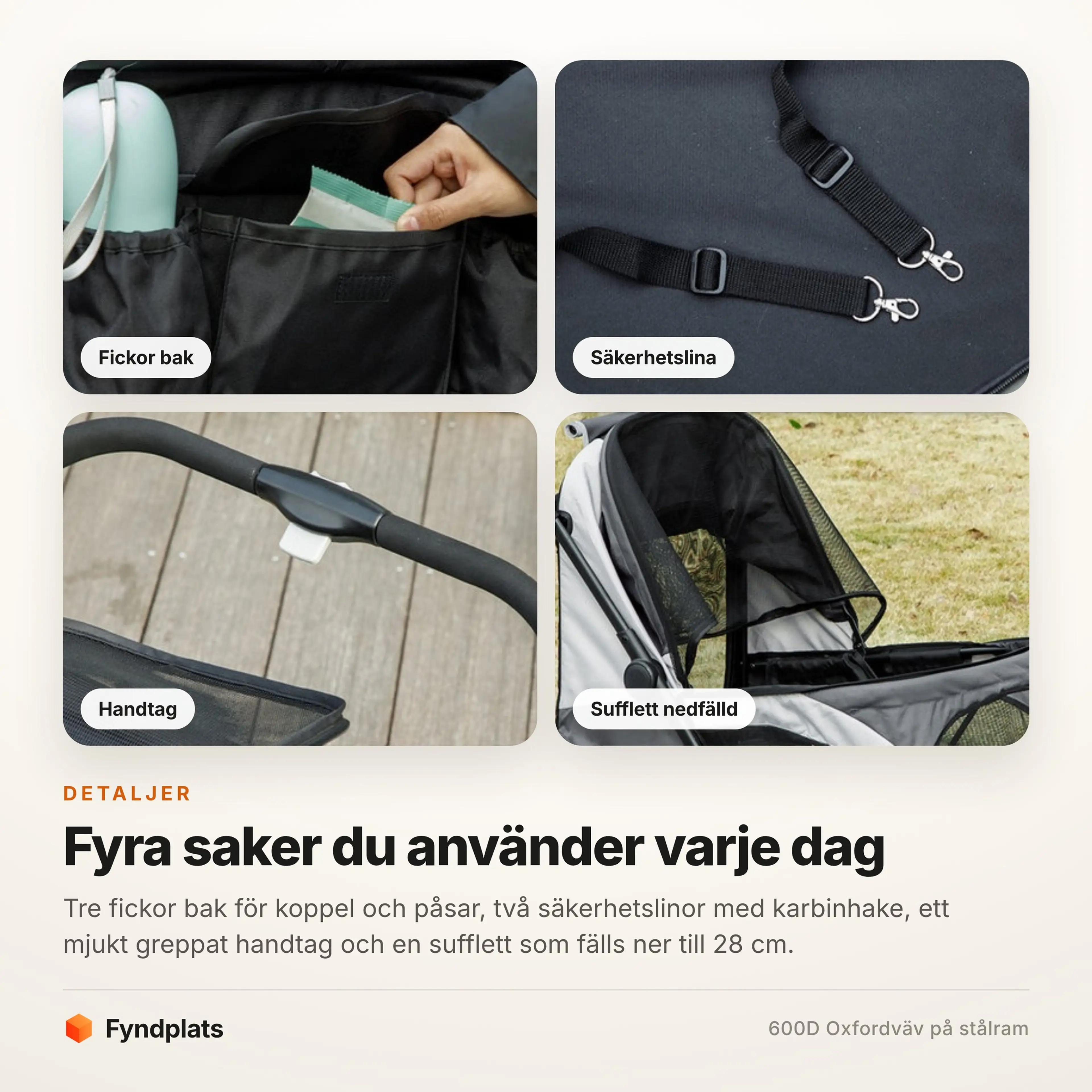 Detaljer: fickor bak, säkerhetslina med karbinhake, handtag och nedfälld sufflett