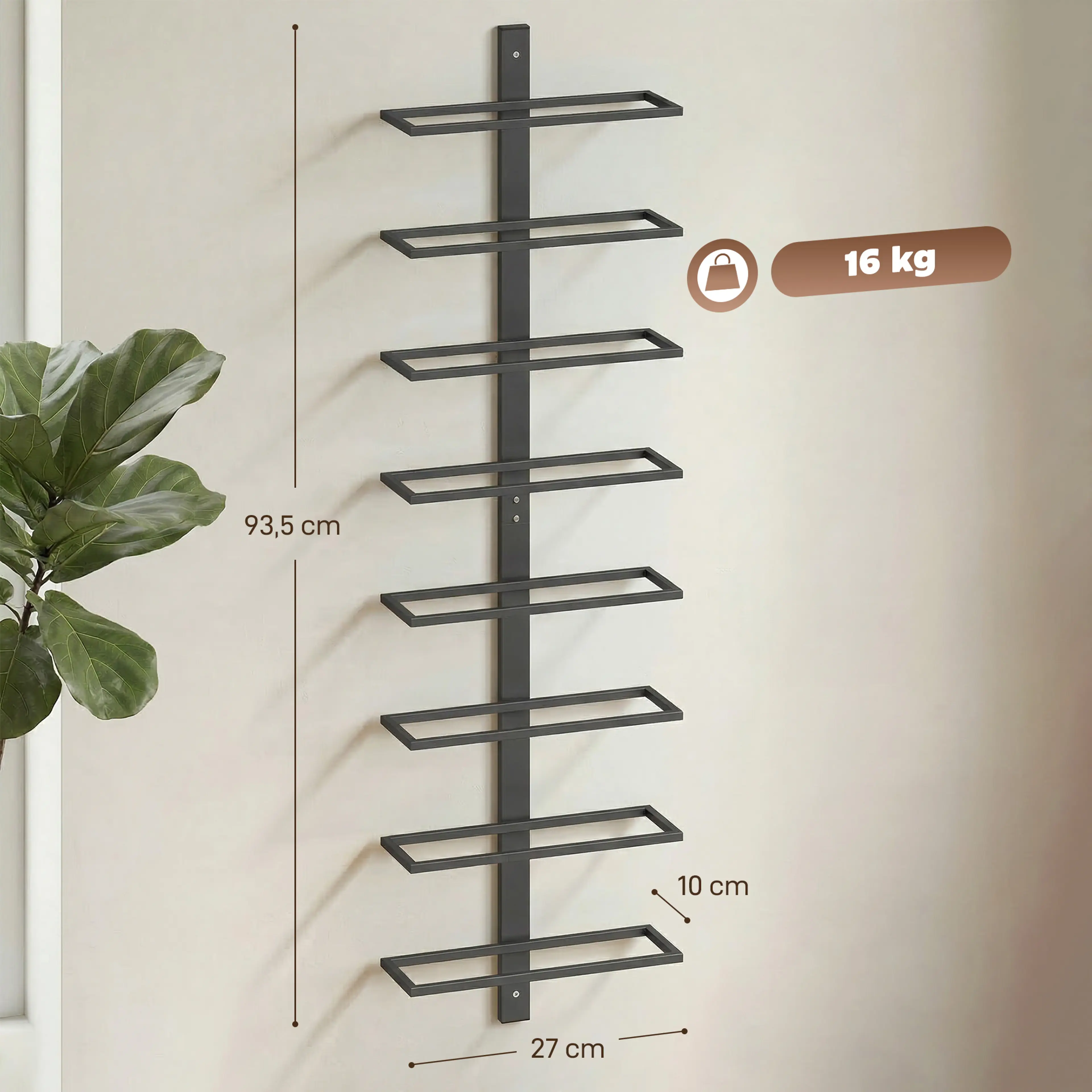 Måttbild: vinhyllan är 27 × 10 cm och 93,5 cm hög och bär 16 kg