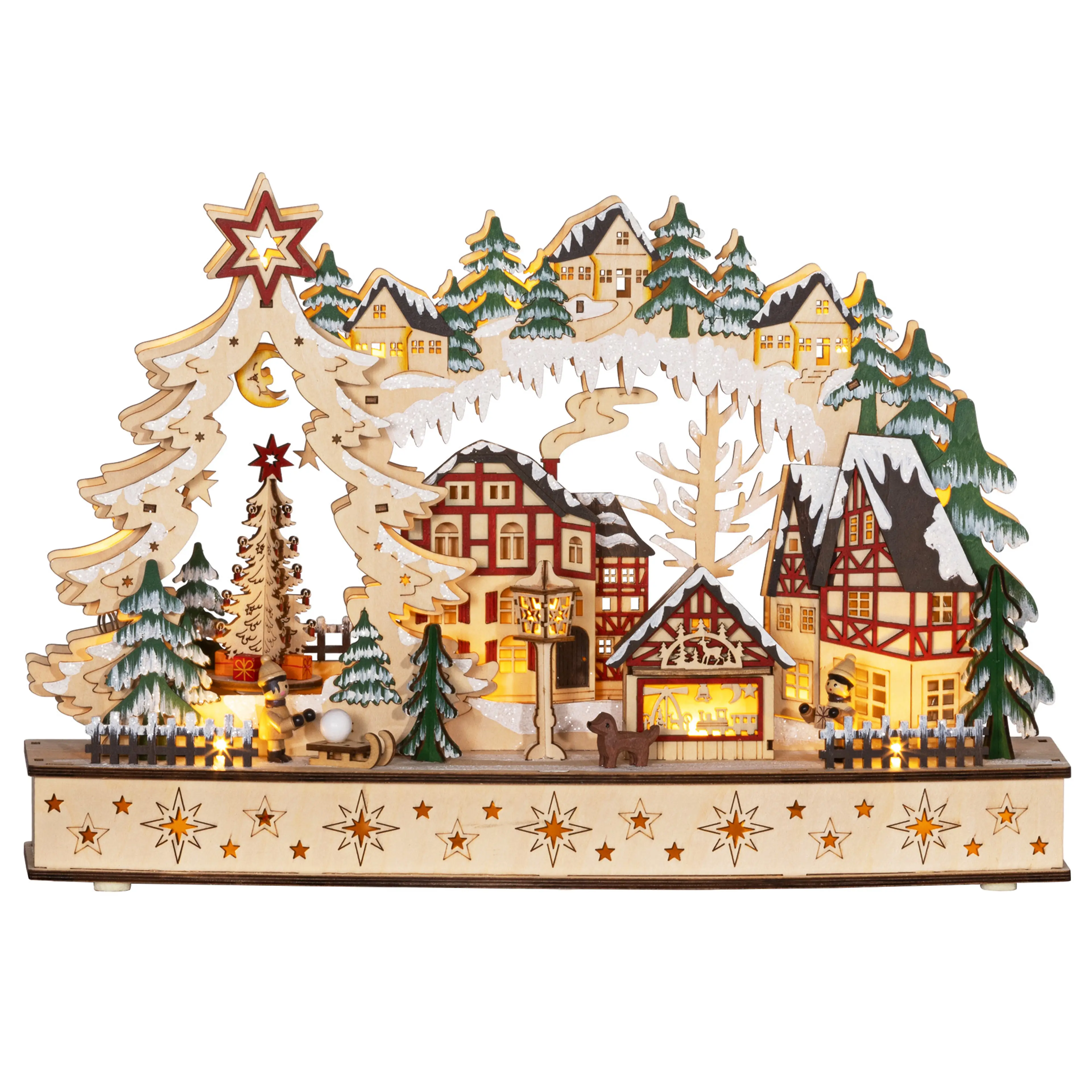 Upplyst julby i trä med snöiga granar, hus och en stjärna