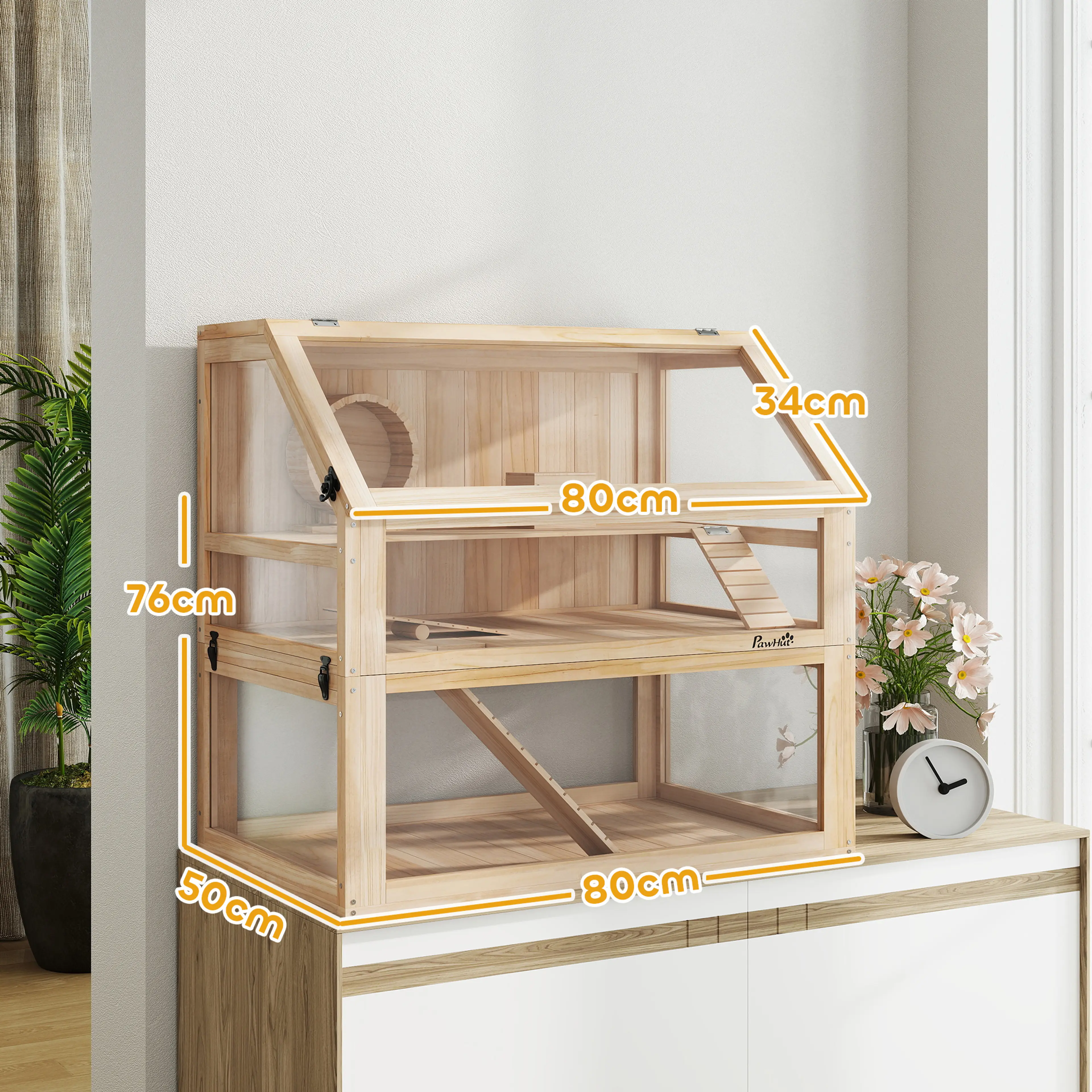 Hamsterbur i trä med 31 cm djup bädd och tre plan, naturfärg – bild 5