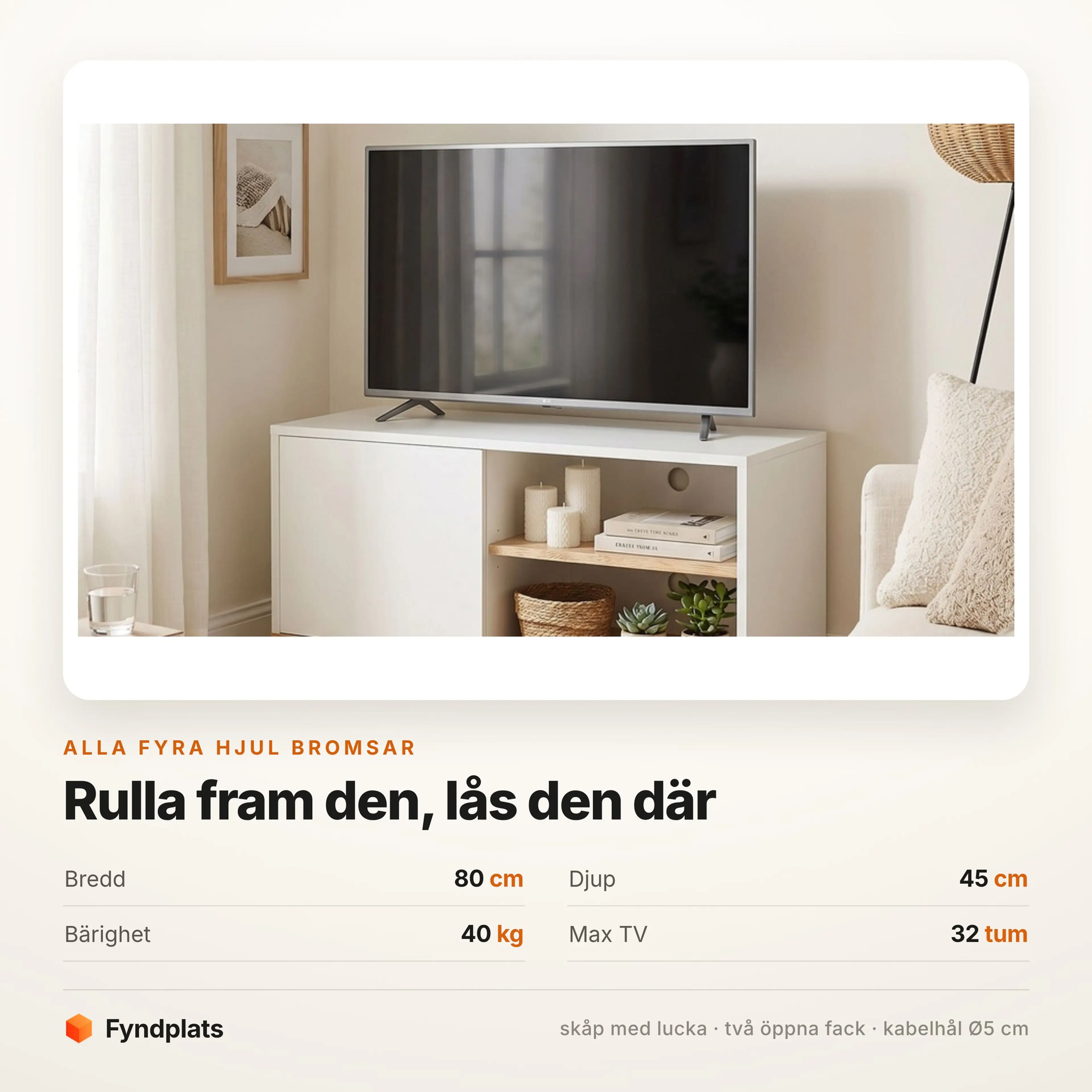 TV-bänk på hjul 80 cm, vit – bild 3