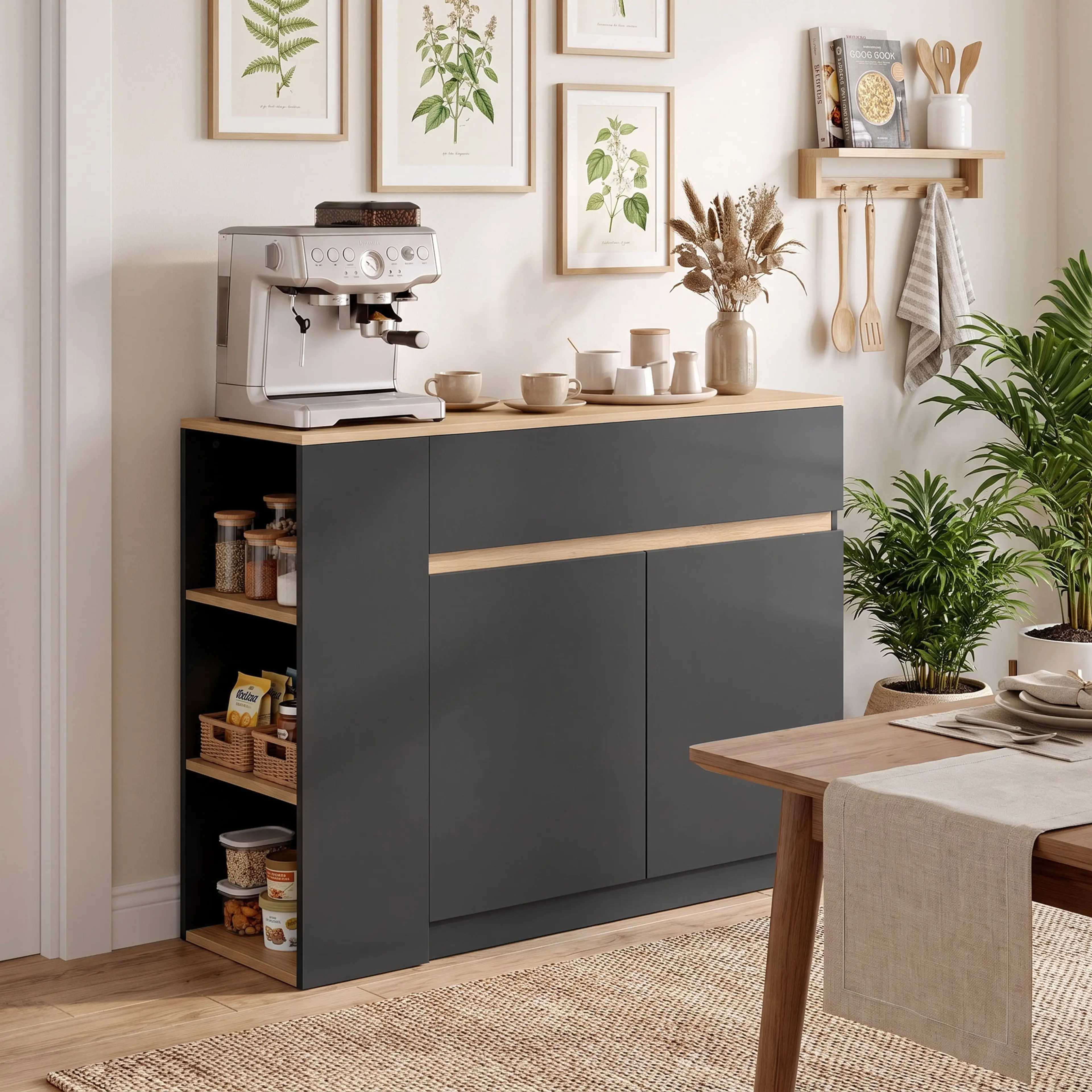 Sideboarden med kaffemaskin bredvid ett matbord i ett ljust rum