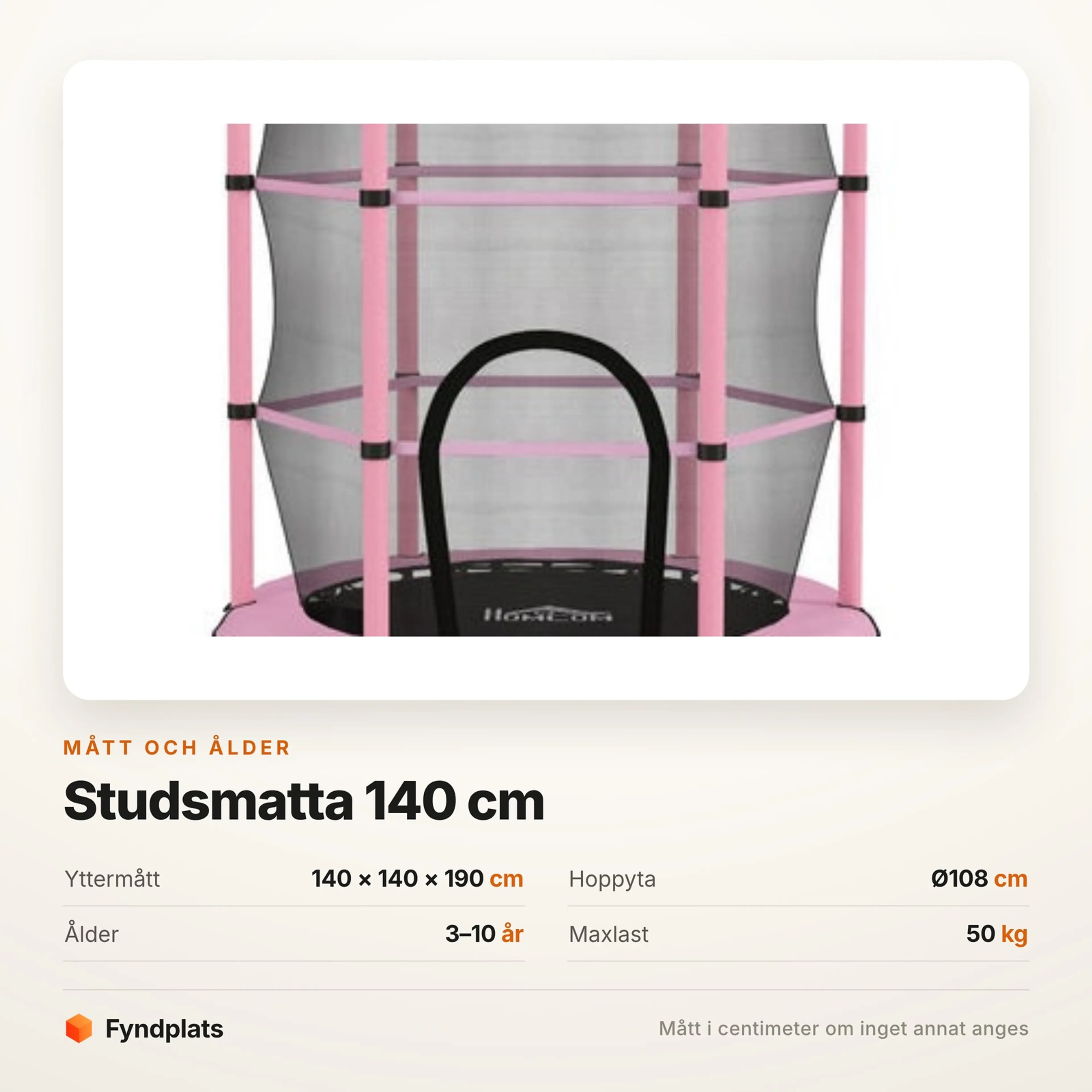 Faktakort: studsmattan 140 × 140 × 190 cm, hoppyta Ø108 cm, ålder 3–10 år och maxlast 50 kg