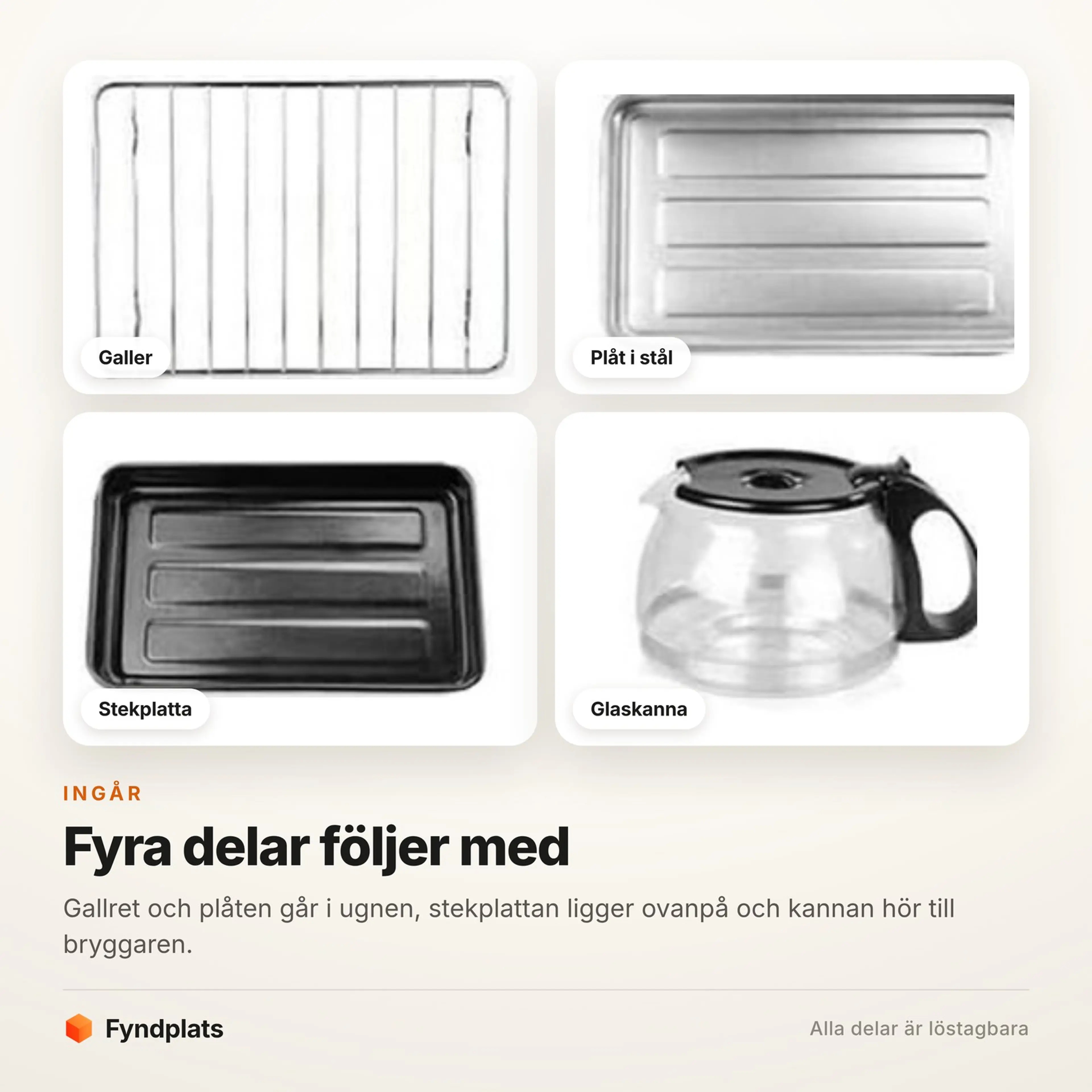 Fyndplats-kort: galler, plåt i stål, stekplatta och glaskanna som ingår