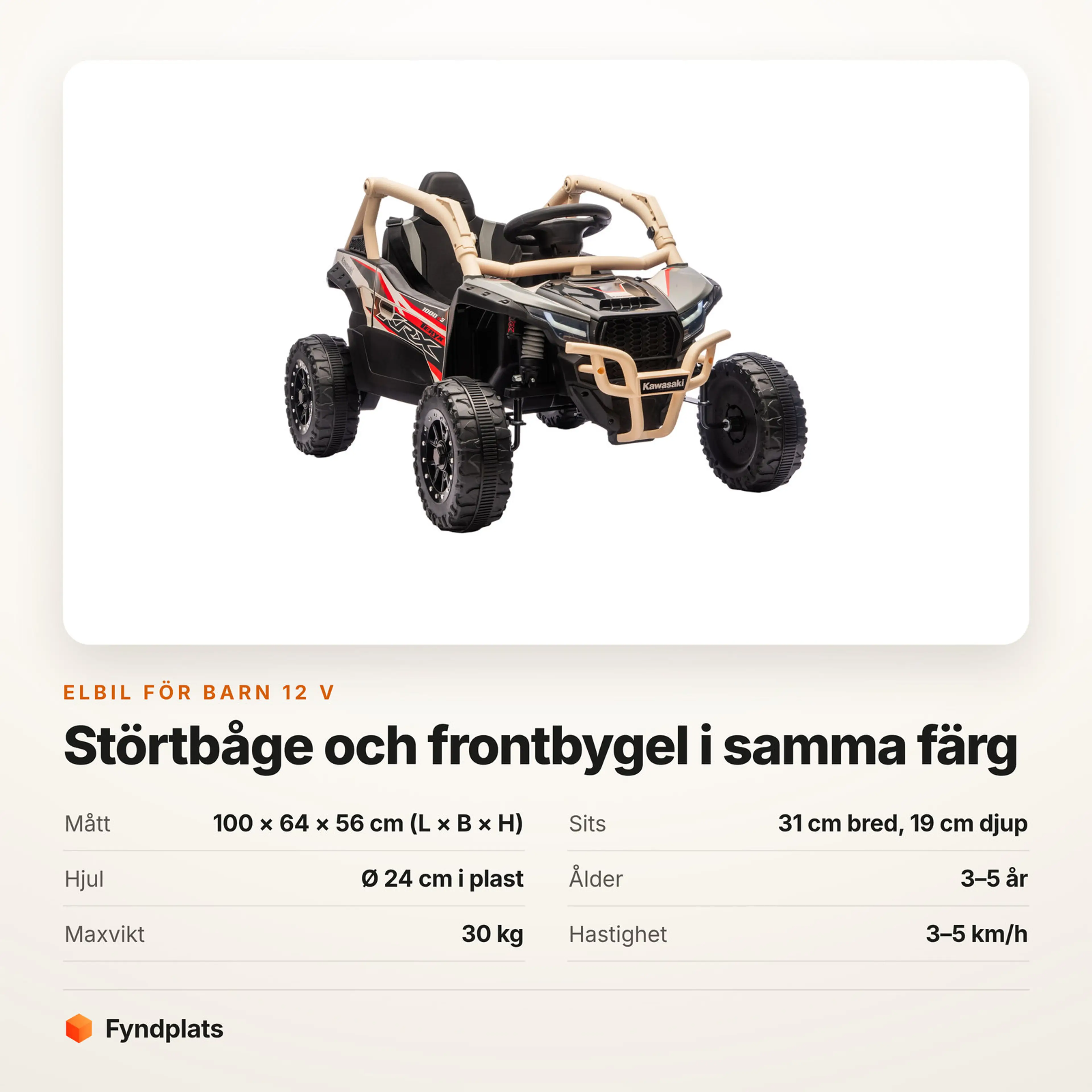 Faktakort: 100 × 64 × 56 cm, sits 31 × 19 cm, hjul Ø 24 cm. 3–5 år, maxvikt 30 kg, 3–5 km/h.