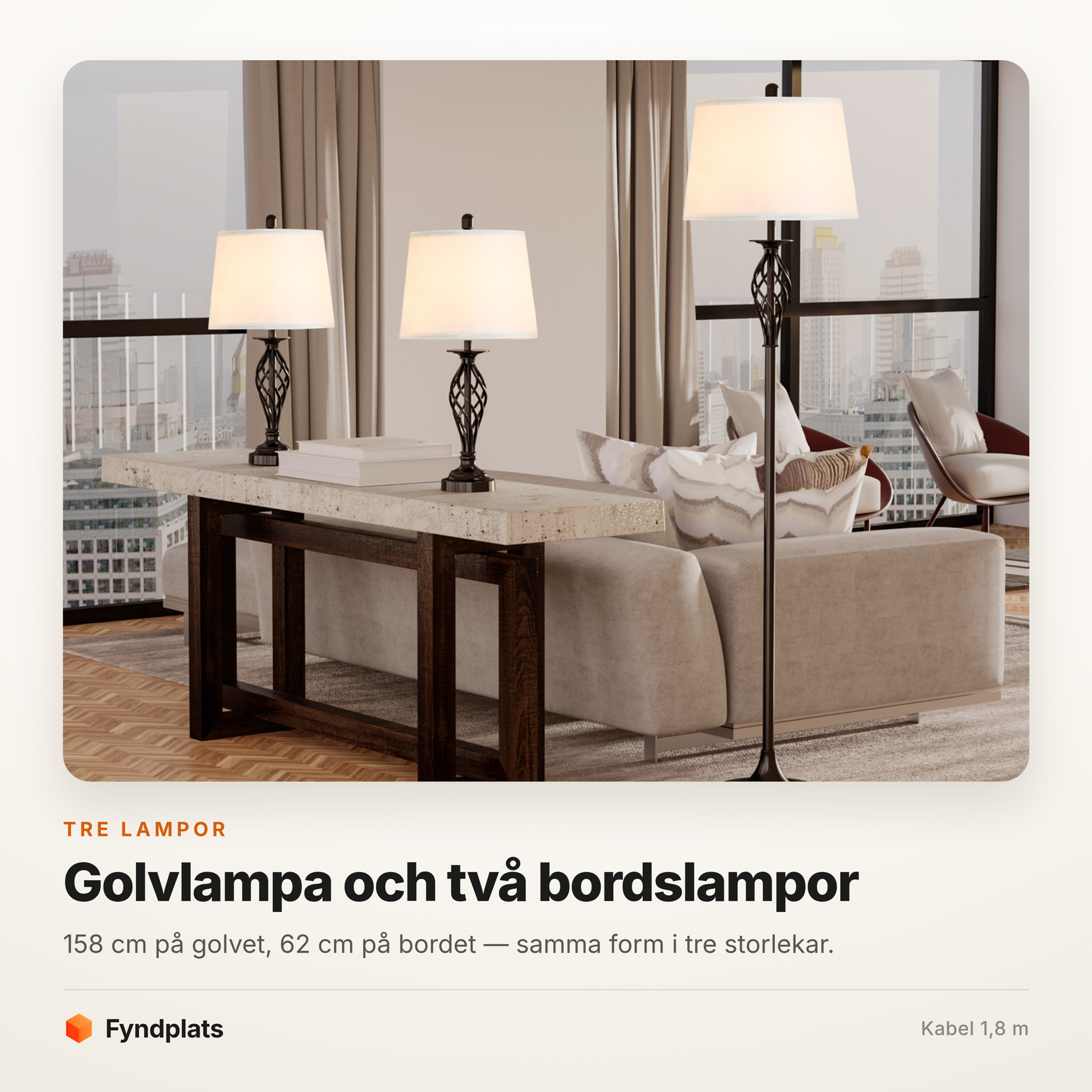 Lampset i tre delar svart – golvlampa 158 cm och två bordslampor – bild 2