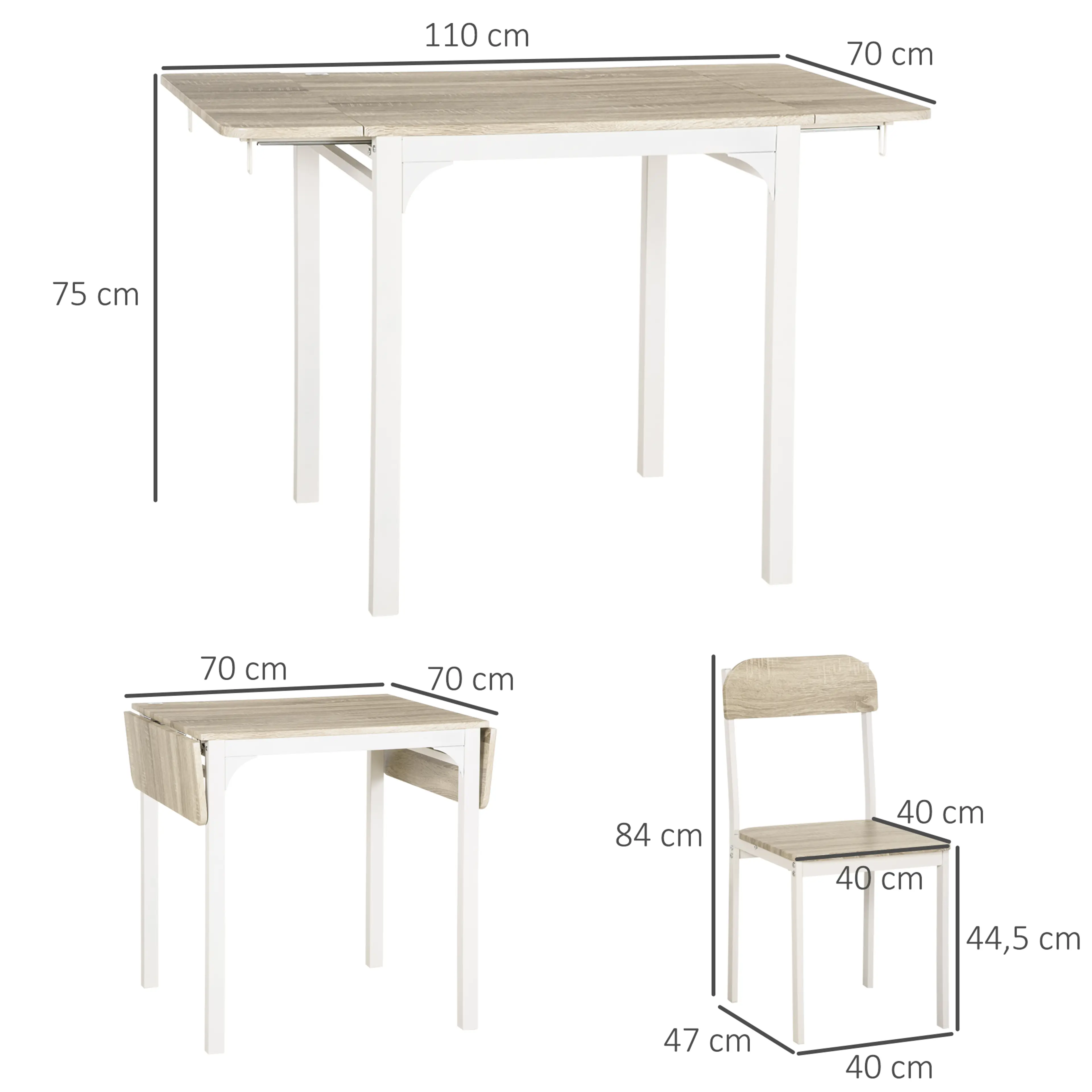 Måttskiss: bordet 110 × 70 cm uppfällt, 70 × 70 cm nedfällt, stolen 47 × 40 × 84 cm