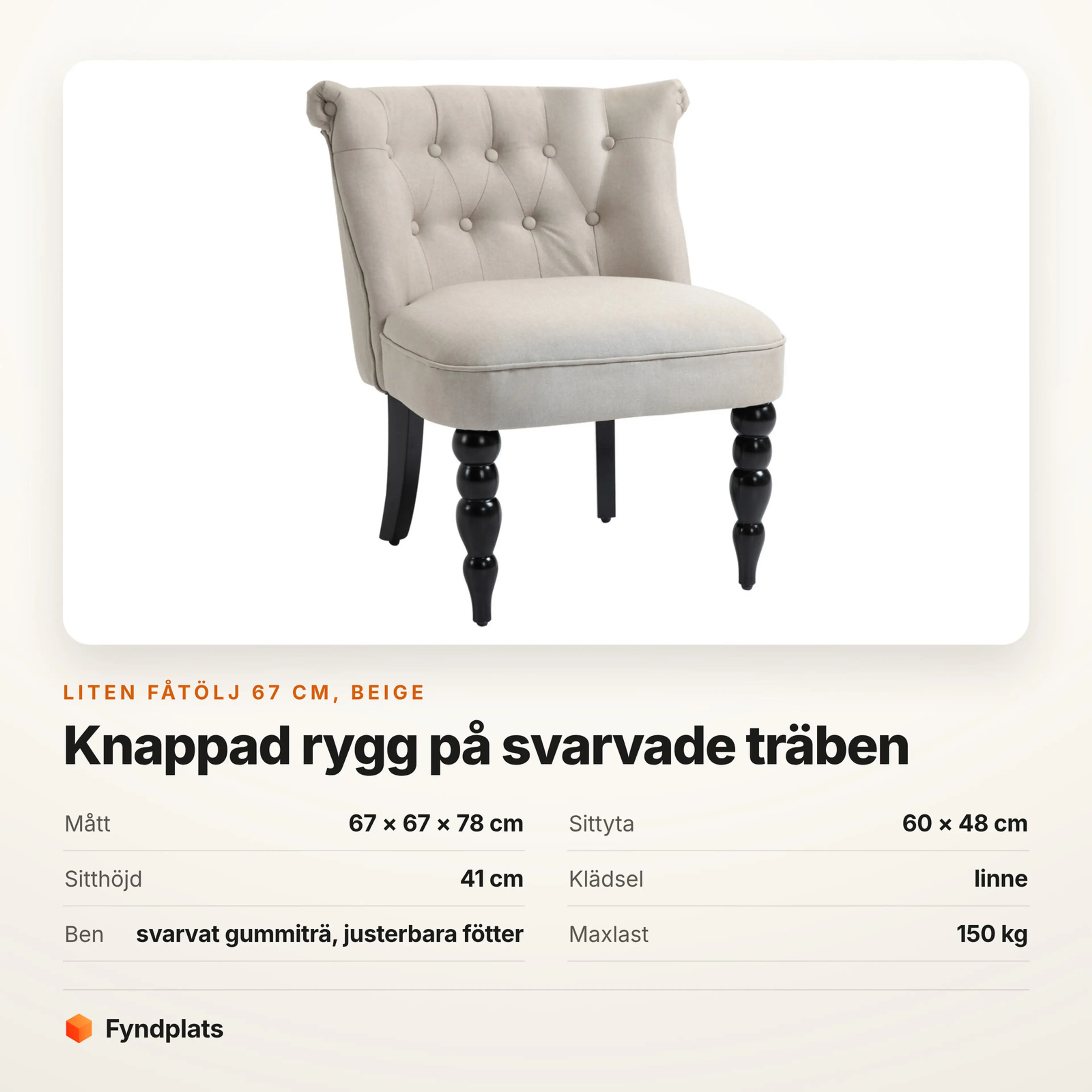 Liten fåtölj i beige linne – Faktakort med mått, sitthöjd, klädsel, ben och maxlast
