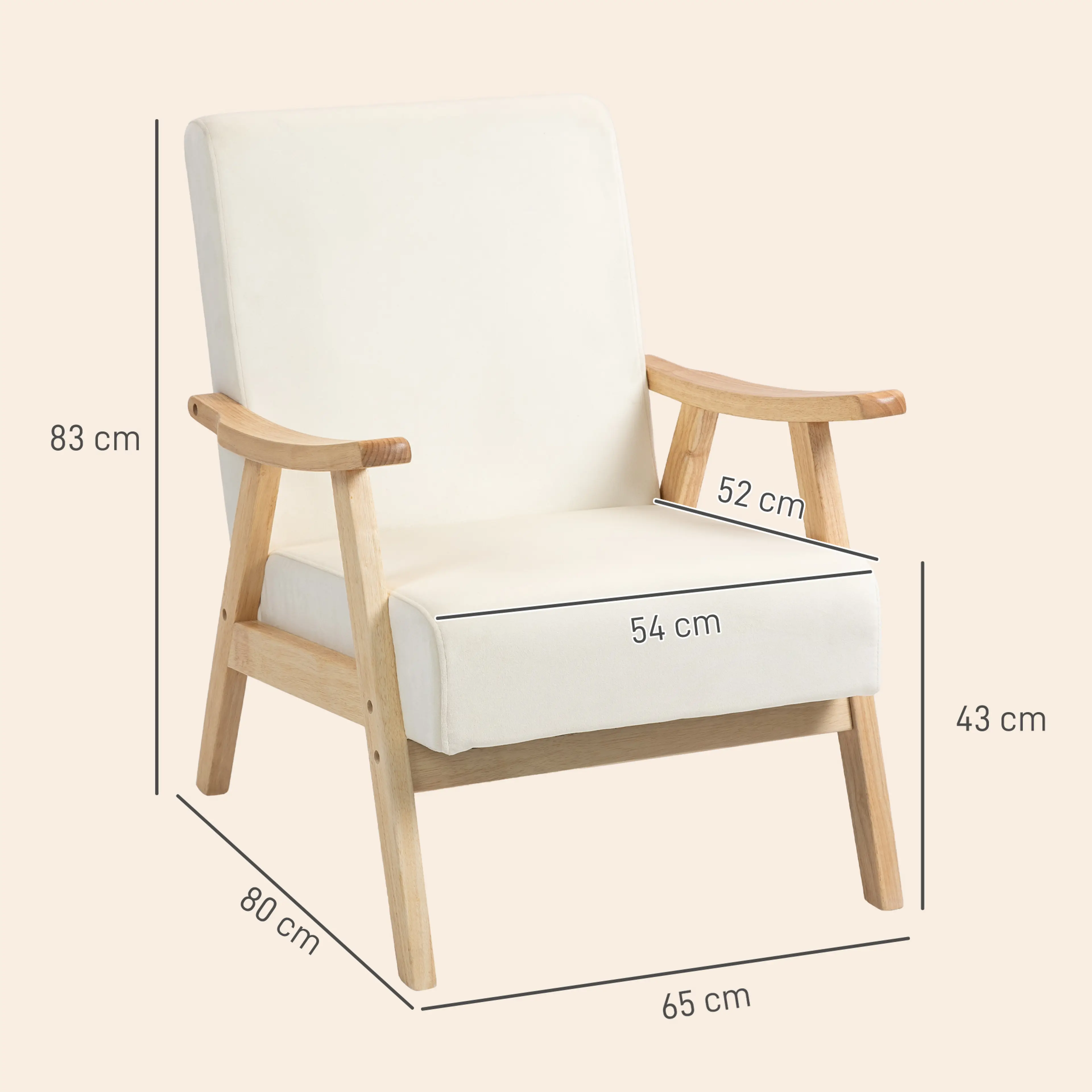 Måttskiss över fåtöljen: 65 cm bredd, 80 cm djup, 83 cm höjd och 43 cm sitthöjd