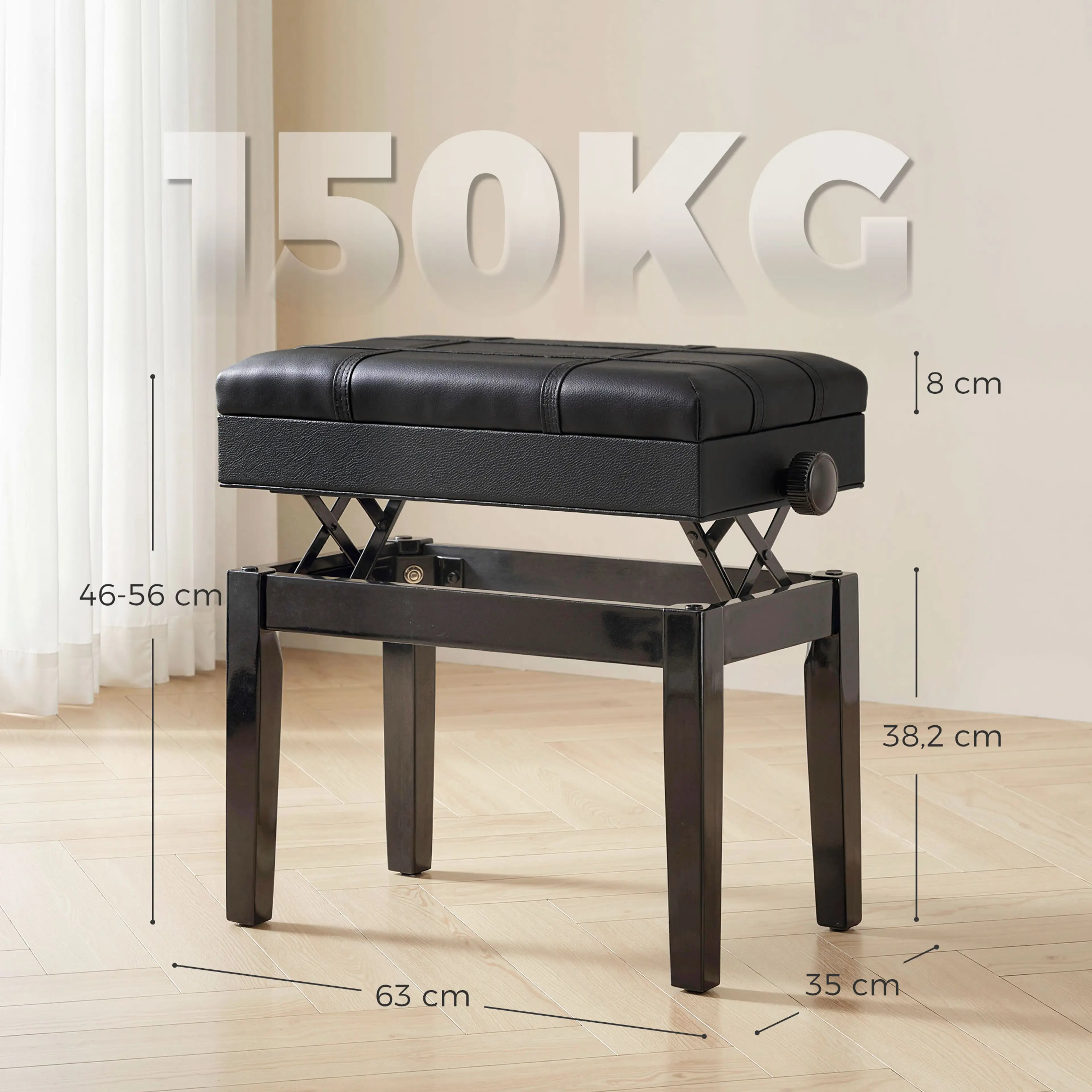 Måttskiss med bredd 63 cm, djup 35 cm, sitsblock 8 cm och benhöjd 38,2 cm