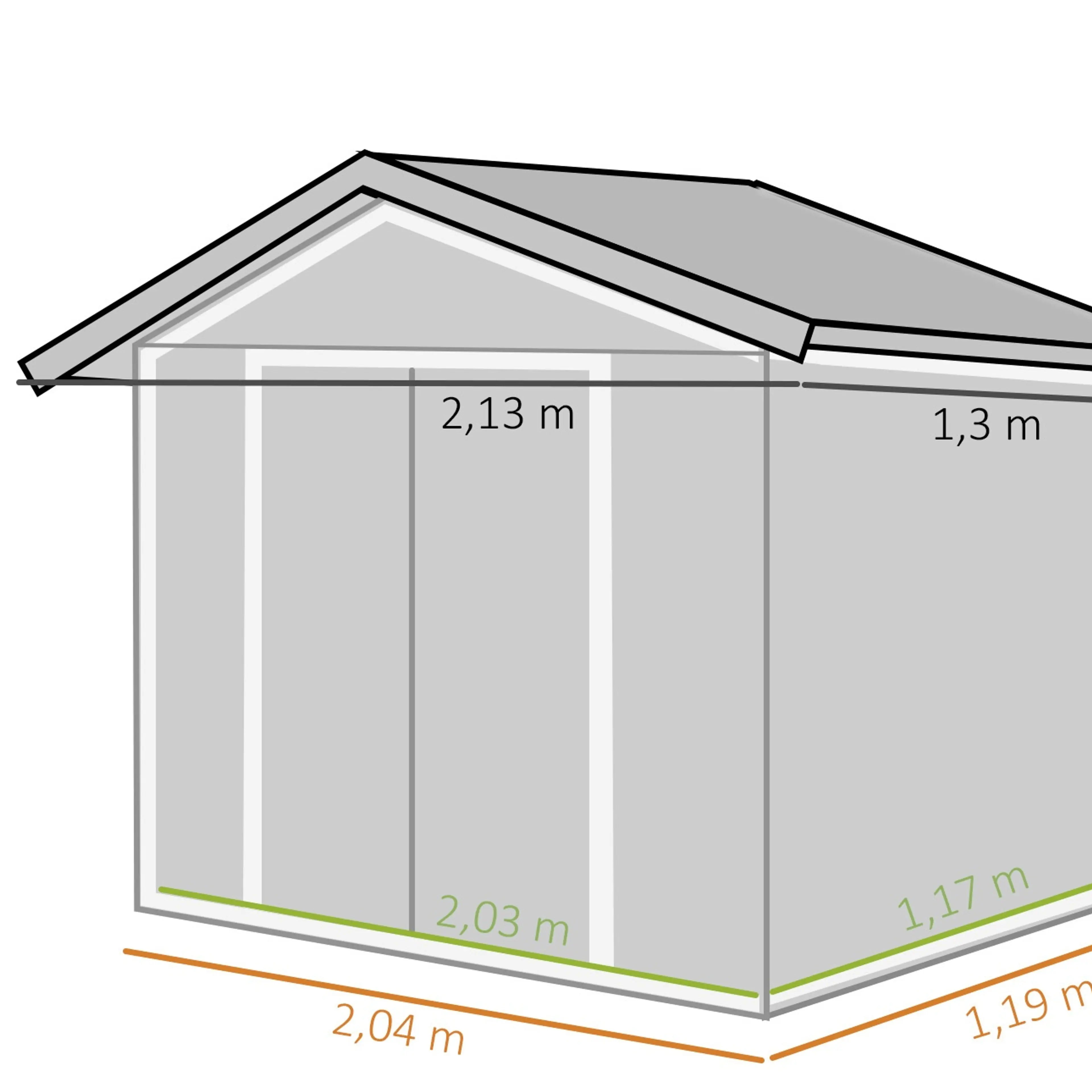 Måttskiss med yttermått 2,13 × 1,3 m, basram 2,04 × 1,19 m och invändigt 2,03 × 1,17 m