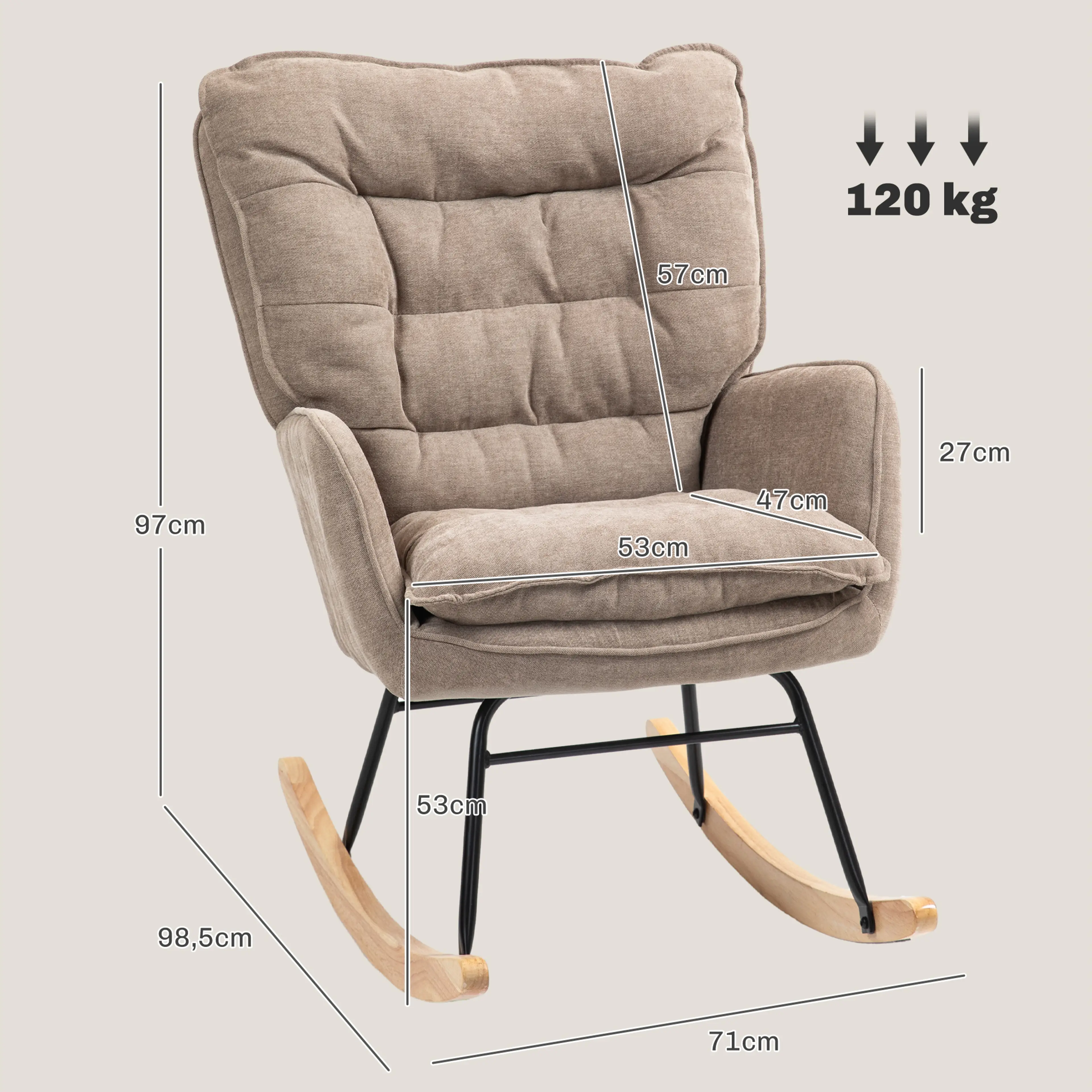 Måttskiss: 98,5 × 71 cm golvyta, 97 cm höjd, 53 cm sits och 120 kg maxlast