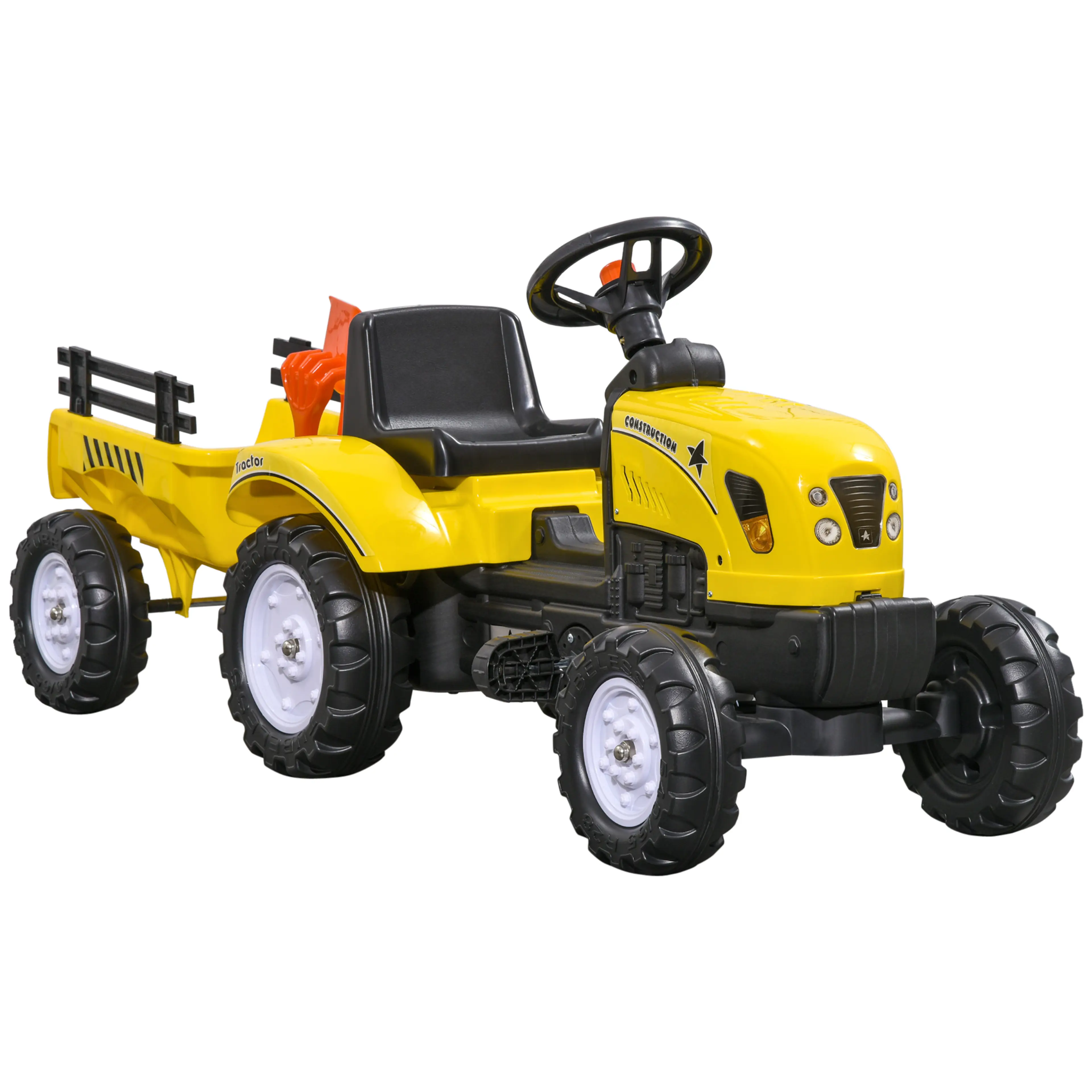 Trampbil traktor med släp och två verktyg, gul och svart, från 3 år