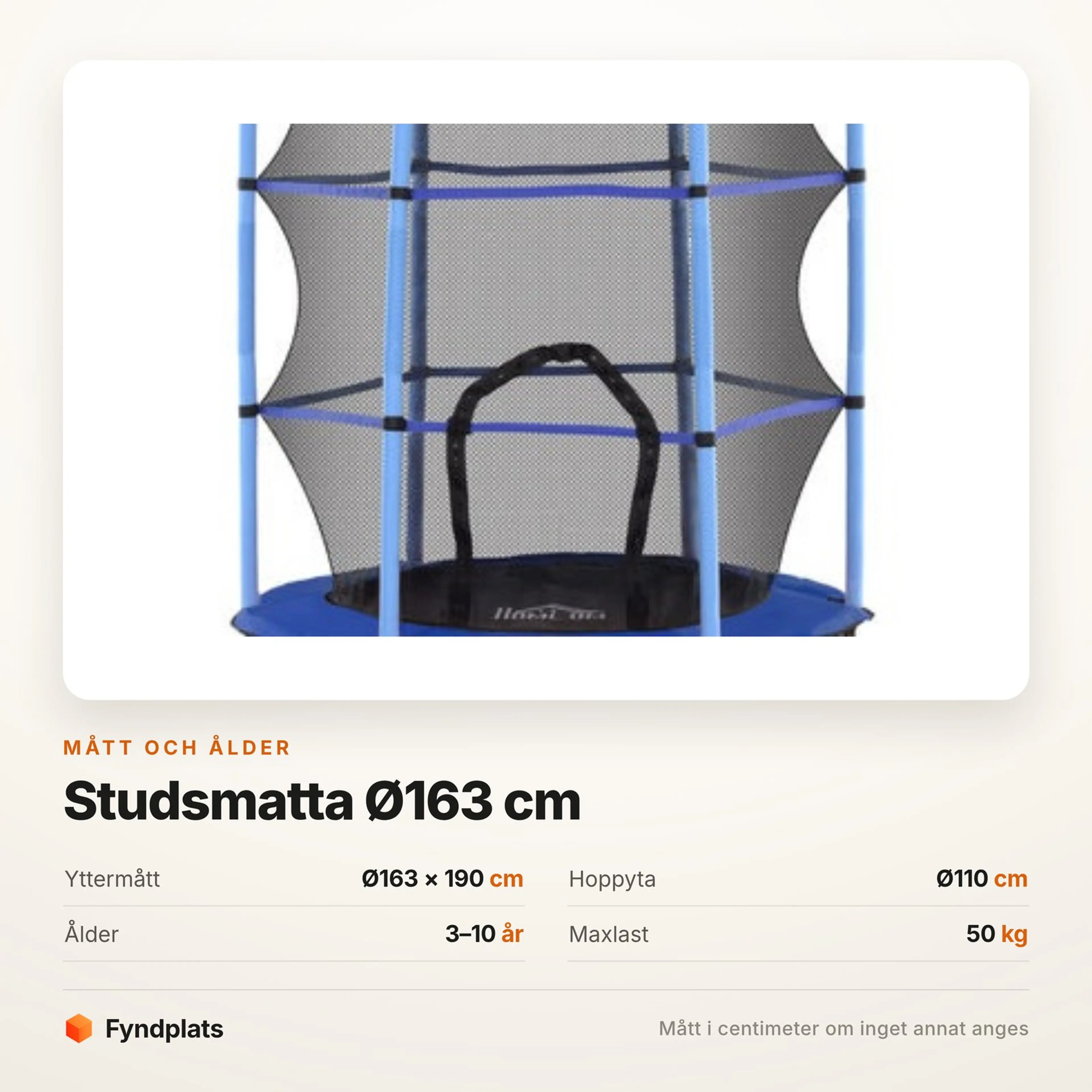 Faktakort: studsmattan Ø163 × 190 cm, hoppyta Ø110 cm, ålder 3–10 år och maxlast 50 kg