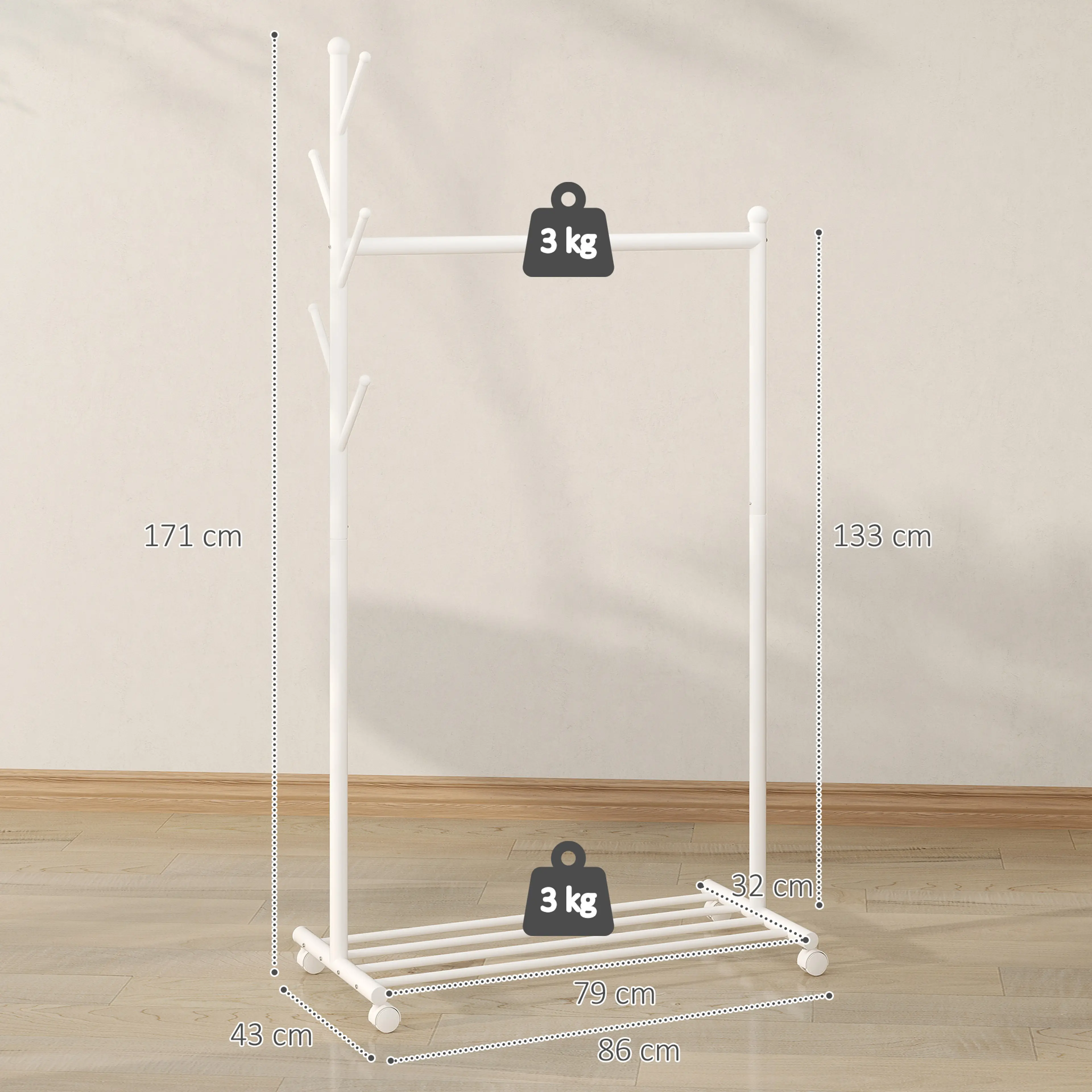 Måttskiss: 171 cm högt, 133 cm hängrum, 86 × 43 cm golvyta och 3 kg per del