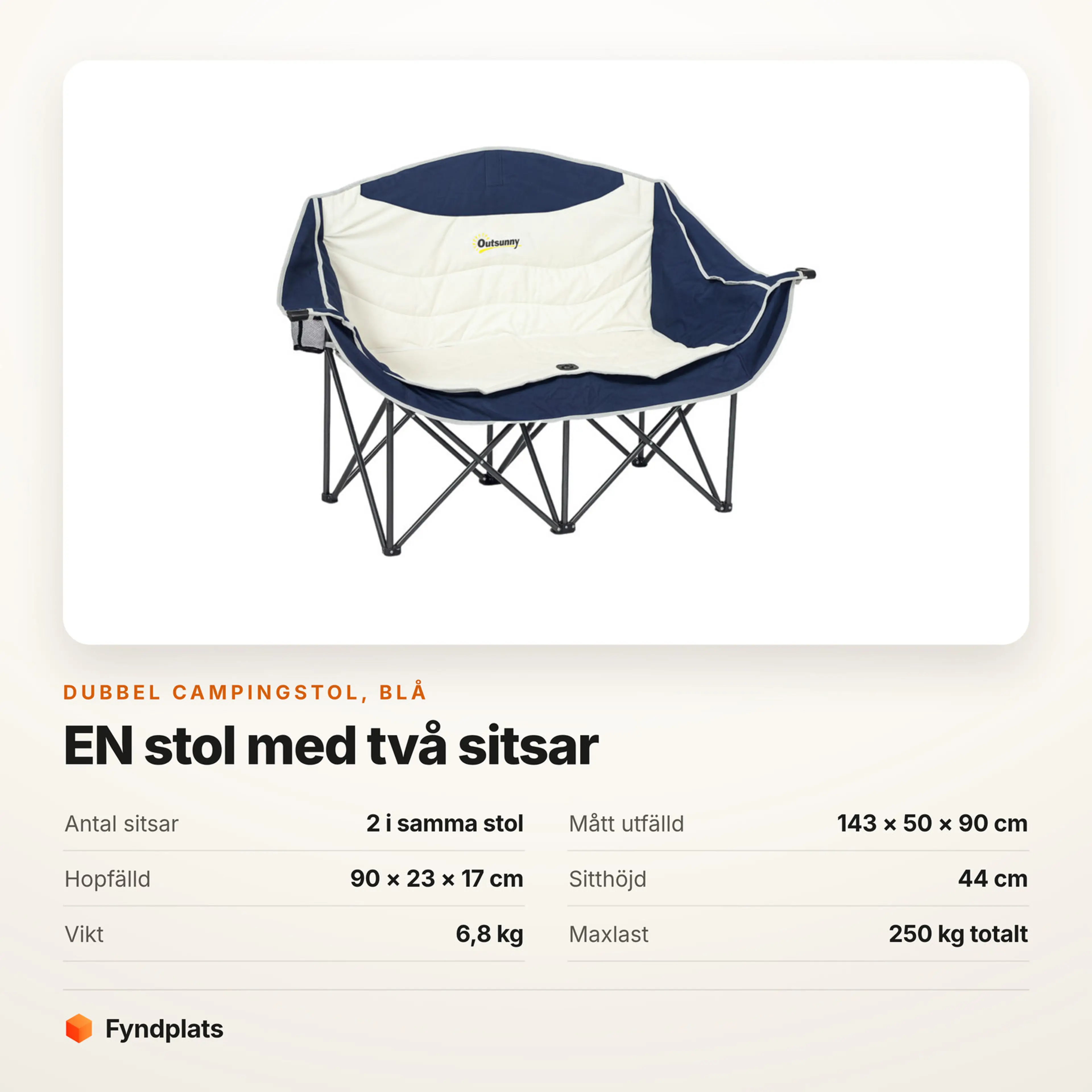 Faktakort: dubbel campingstol blå, bredd, sitthöjd och maxlast