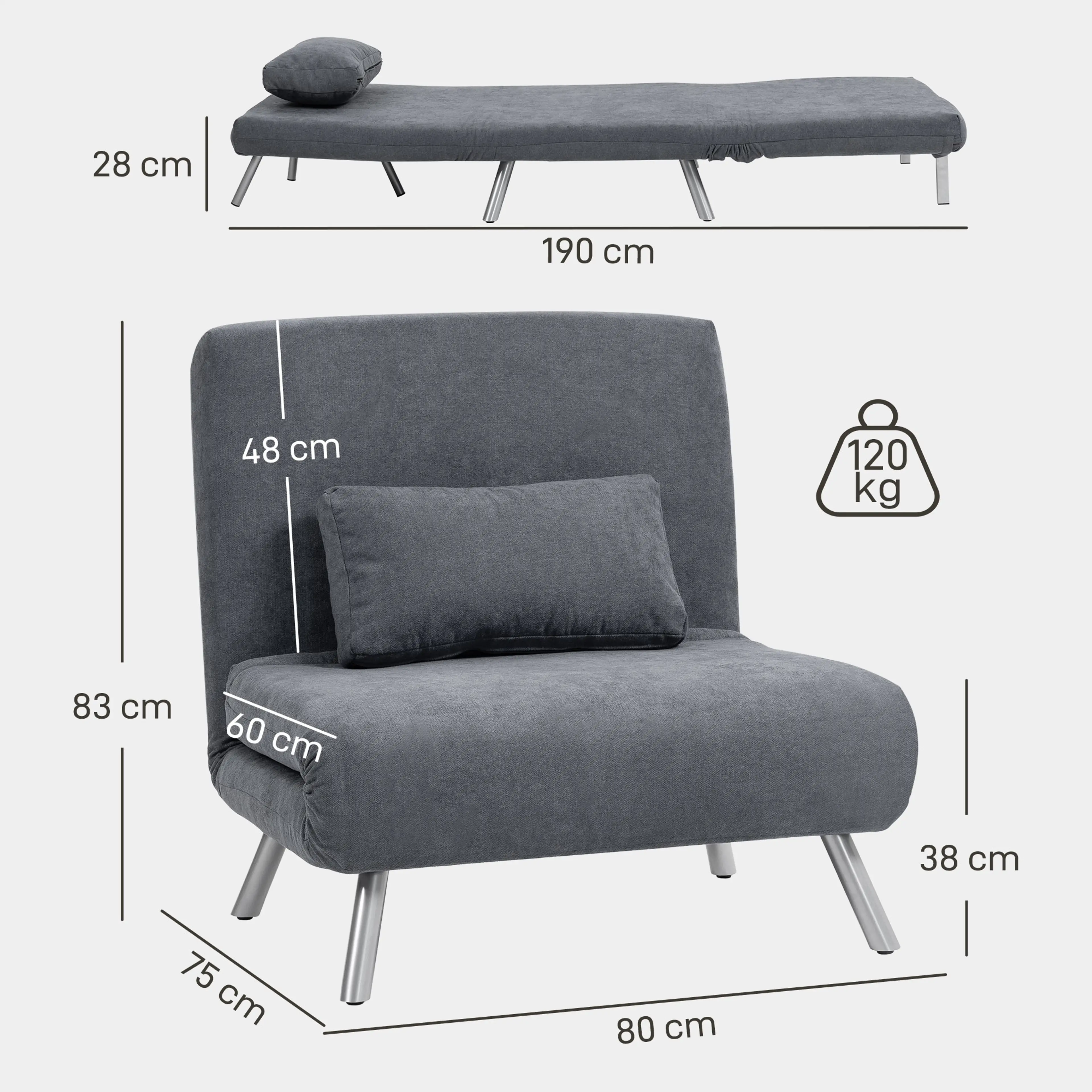 Måttritning: bädden är 190 cm lång och ligger 28 cm över golvet, som fåtölj 80 × 75 × 83 cm med sitsen på 38 cm