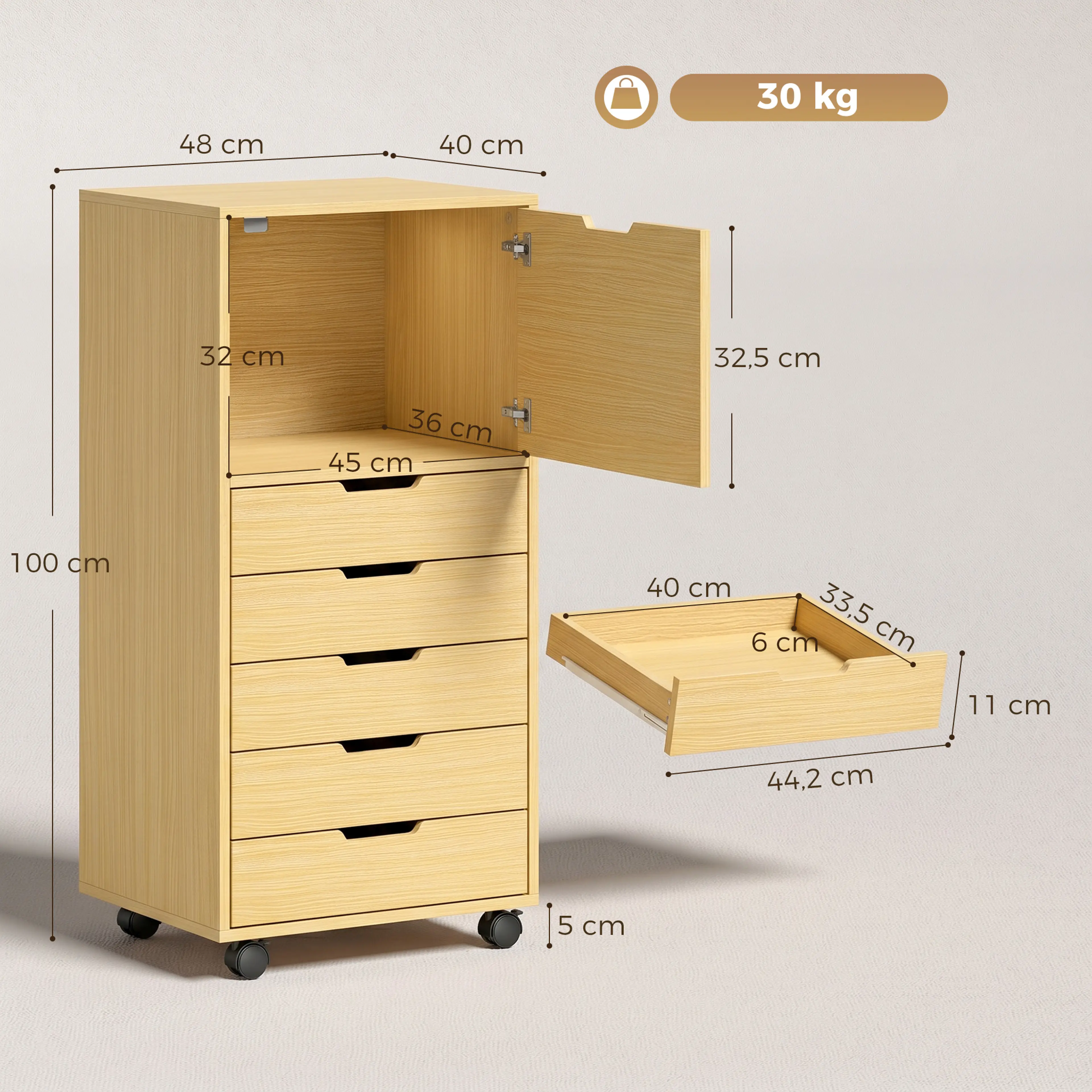 Måttskiss på hurtsen: 48 x 40 x 100 cm, låda 40 x 33,5 x 6 cm och maxlast 30 kg
