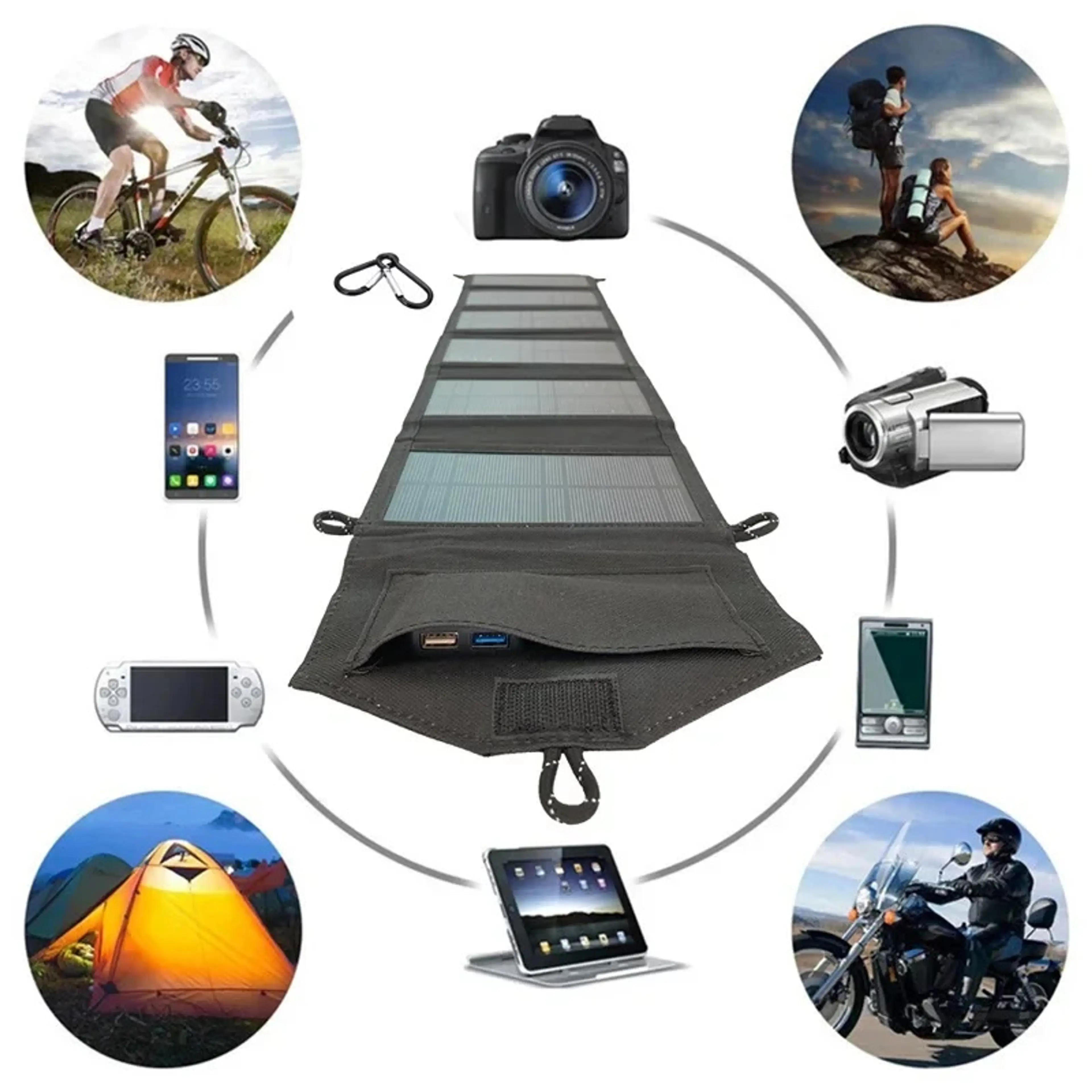 Solpanelen laddar mobil, kamera, surfplatta och spelkonsol vid cykling, vandring, camping och motorcykel