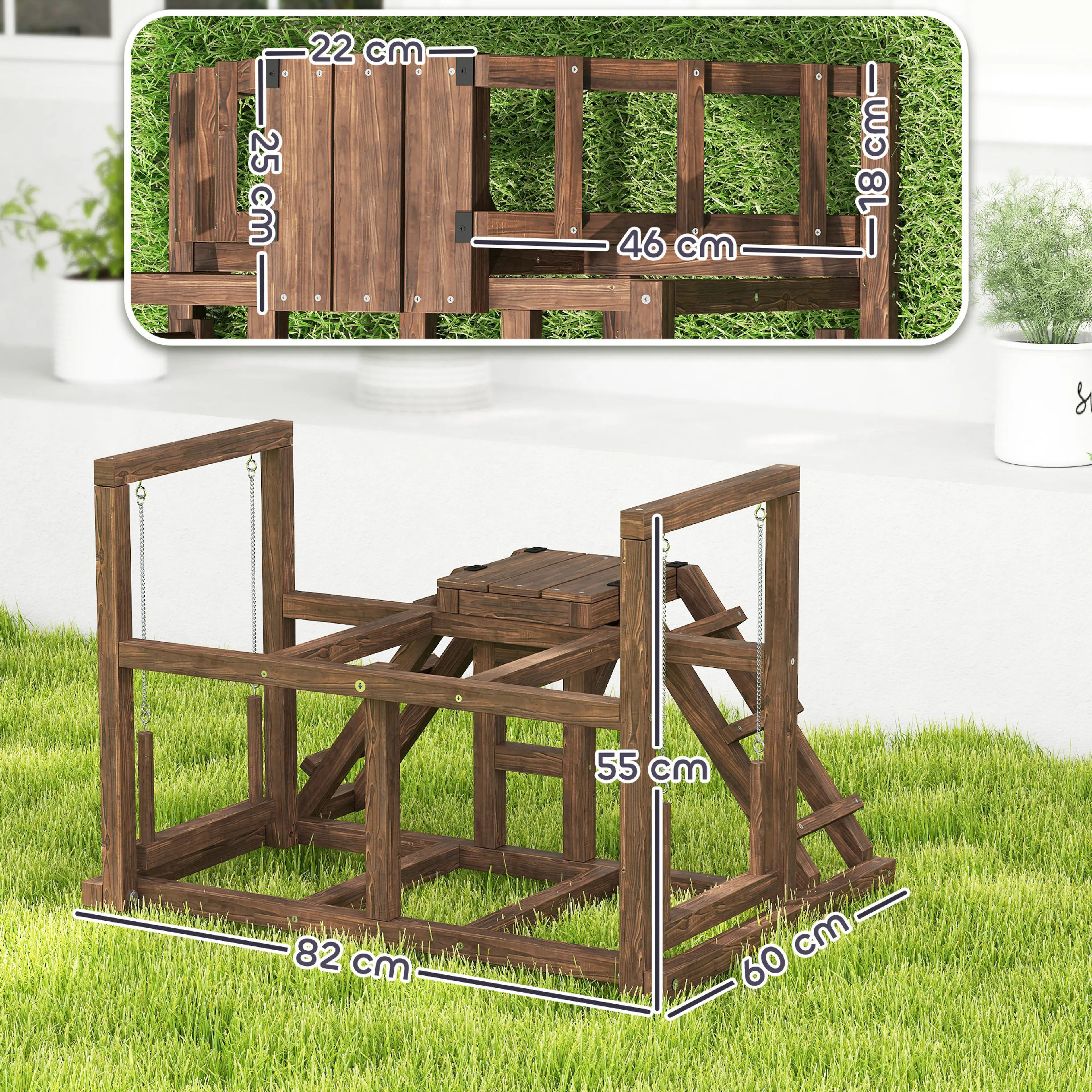 Måttbild: ställningen är 82 × 60 × 55 cm, plattformen 25 × 22 cm och rampen 46 × 18 cm