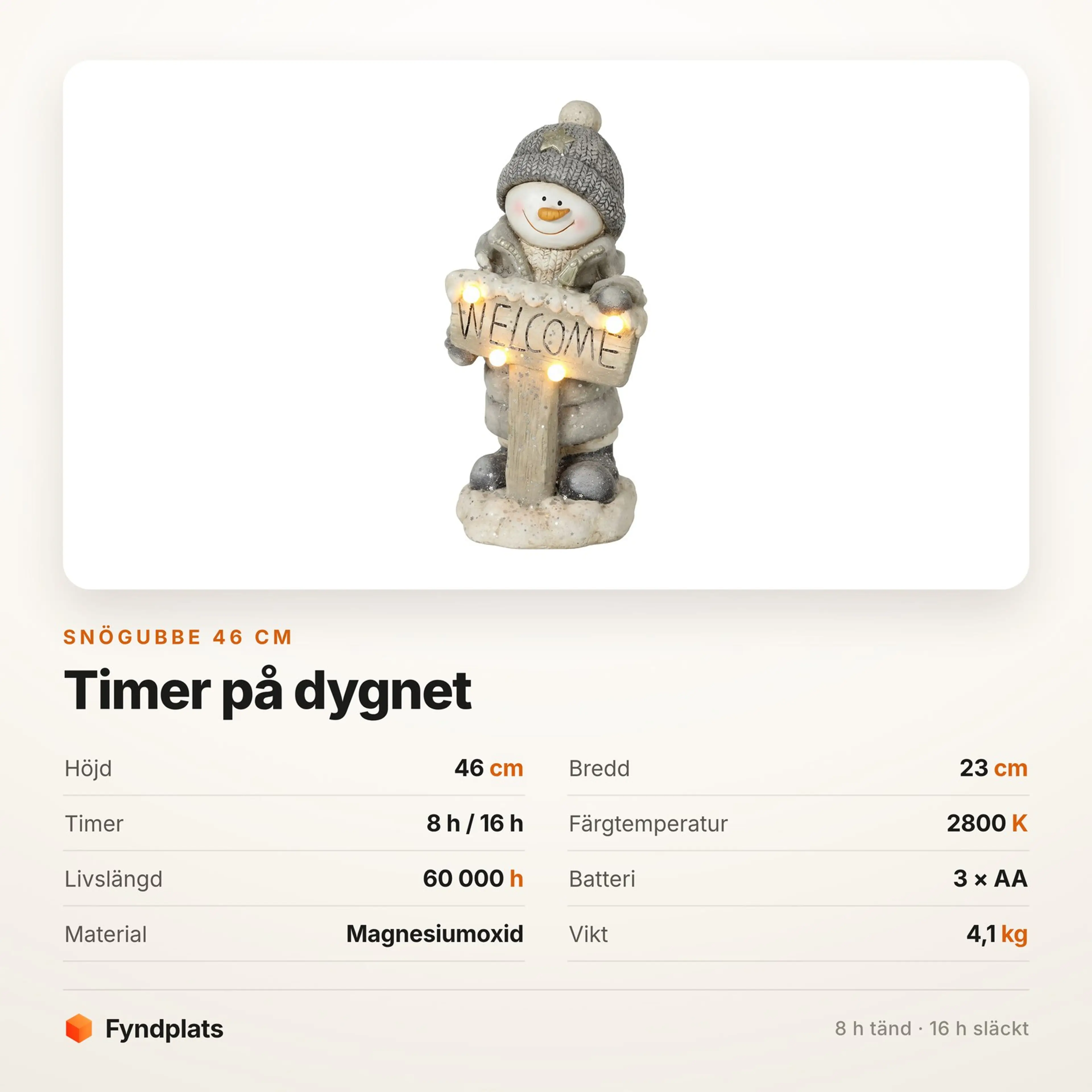 Faktakort: snögubbe 46 cm i magnesiumoxid med timer 8 h tänd och 16 h släckt