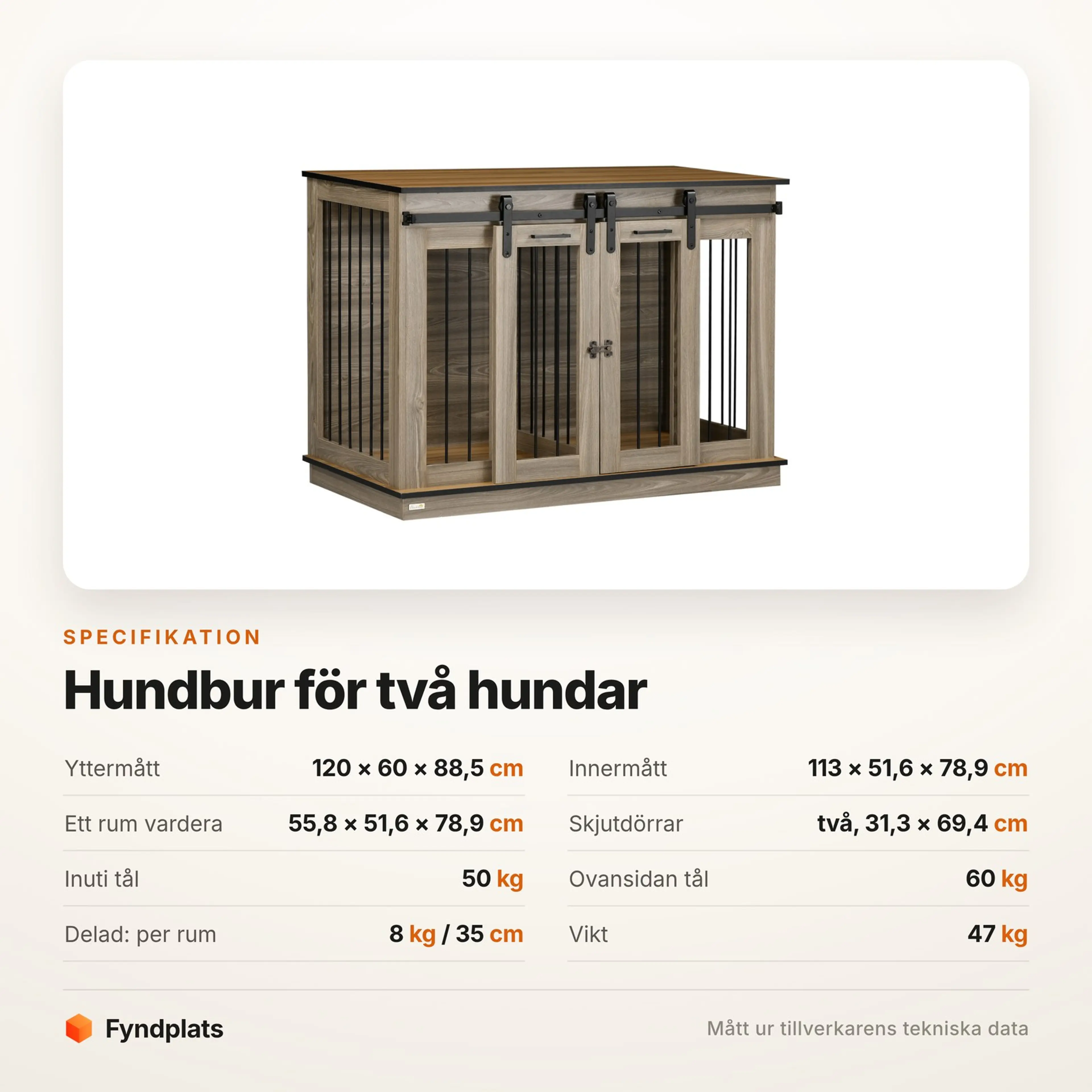 Spec-kort för hundbur för två hundar med mått för både ett och två rum