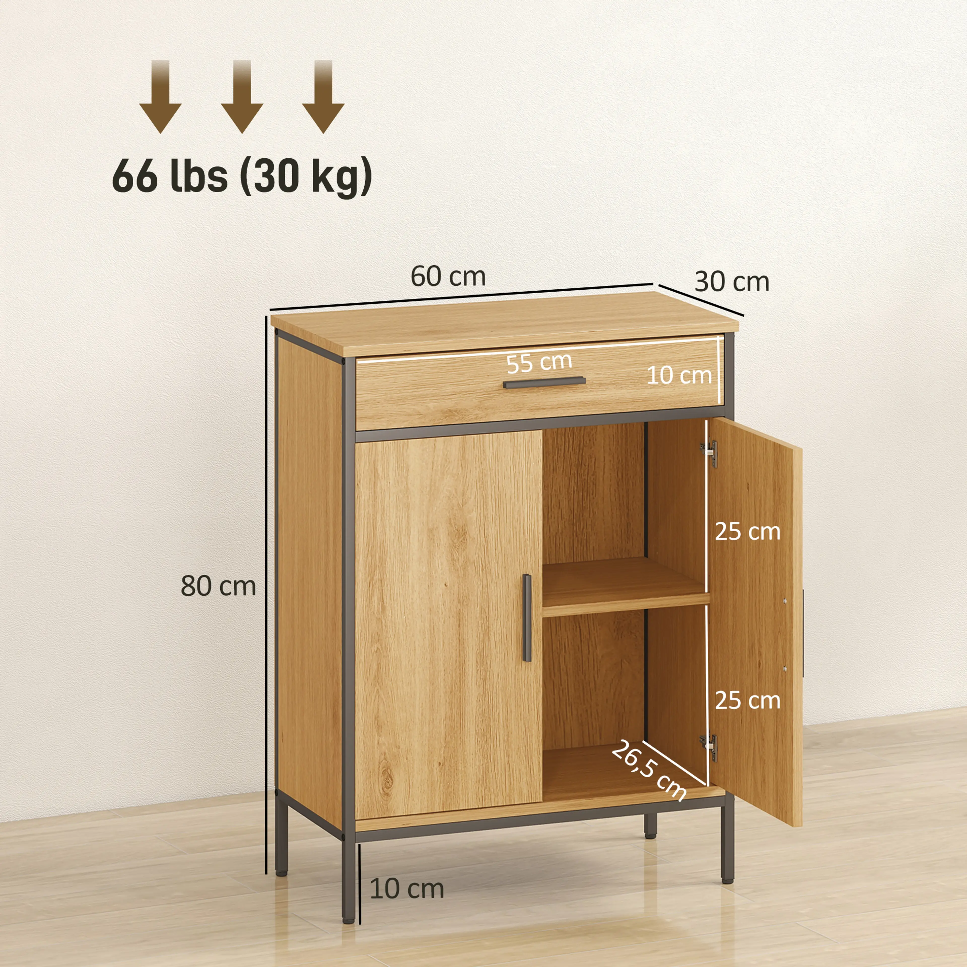 Måttbild: skåpet är 60 cm brett, 30 cm djupt och 80 cm högt, med skåpet öppet och hyllan synlig