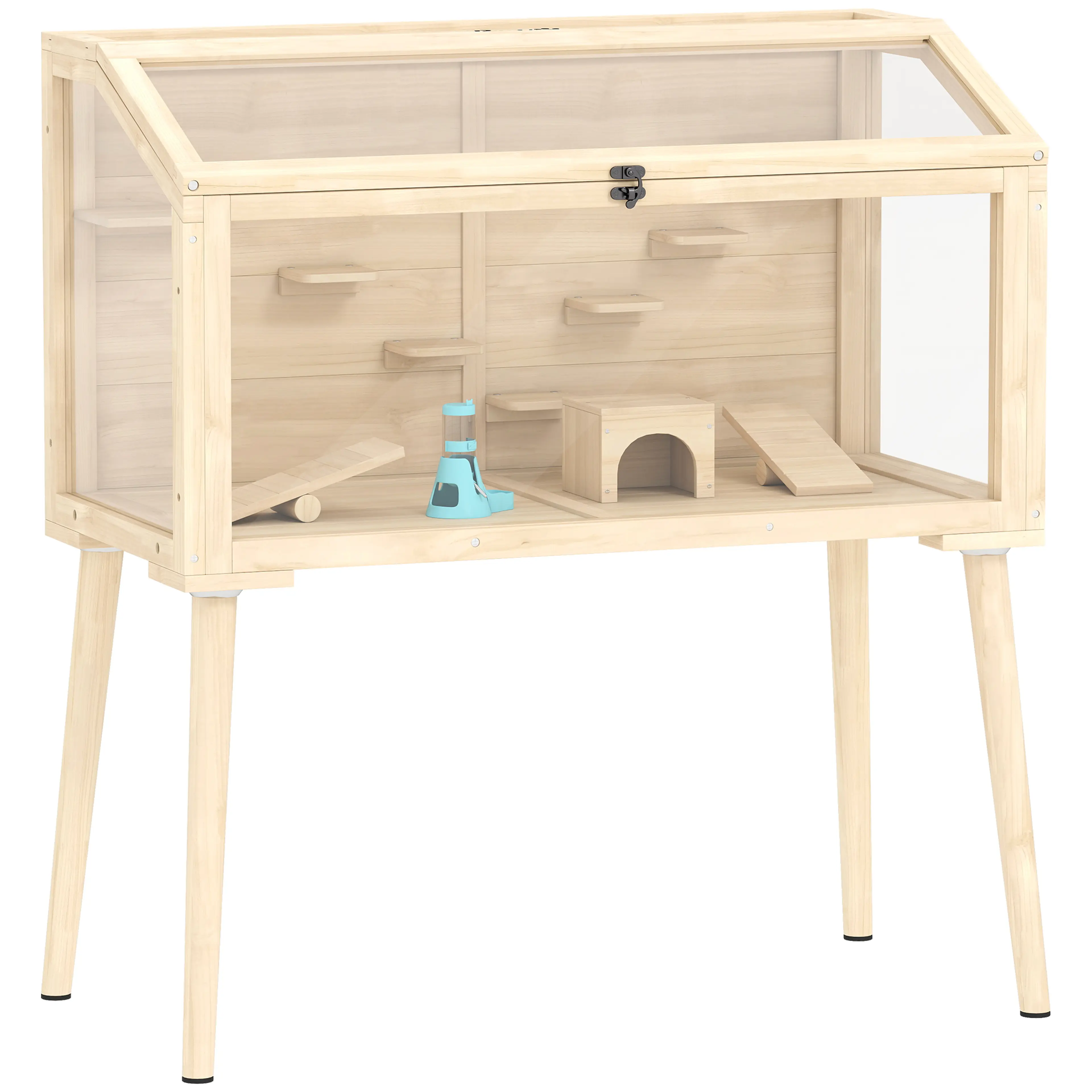 Stor hamsterbur 110 cm i trä på ben, ett öppet plan