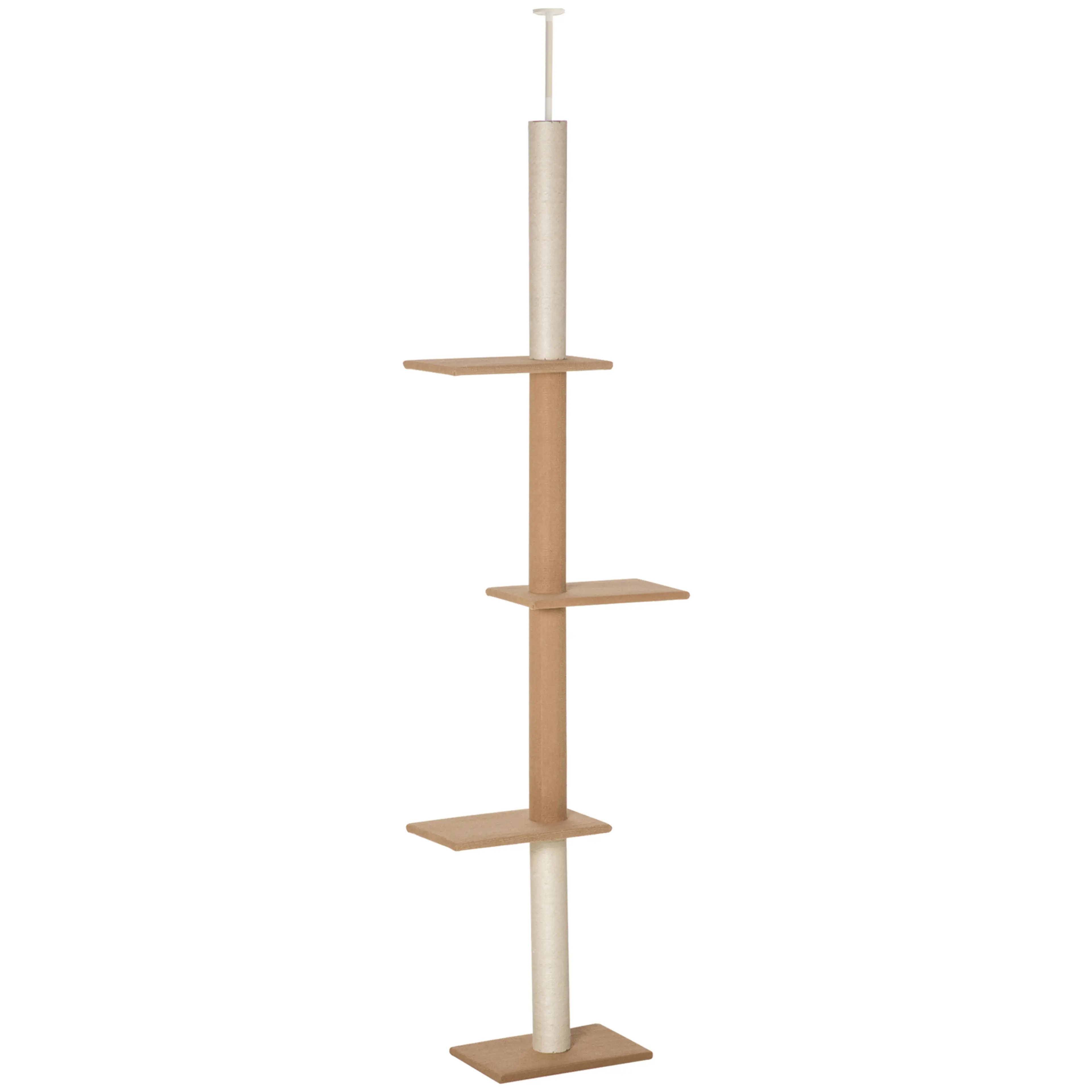 Takhögt klösträd i beige med fyra plattformar, sett mot vit bakgrund