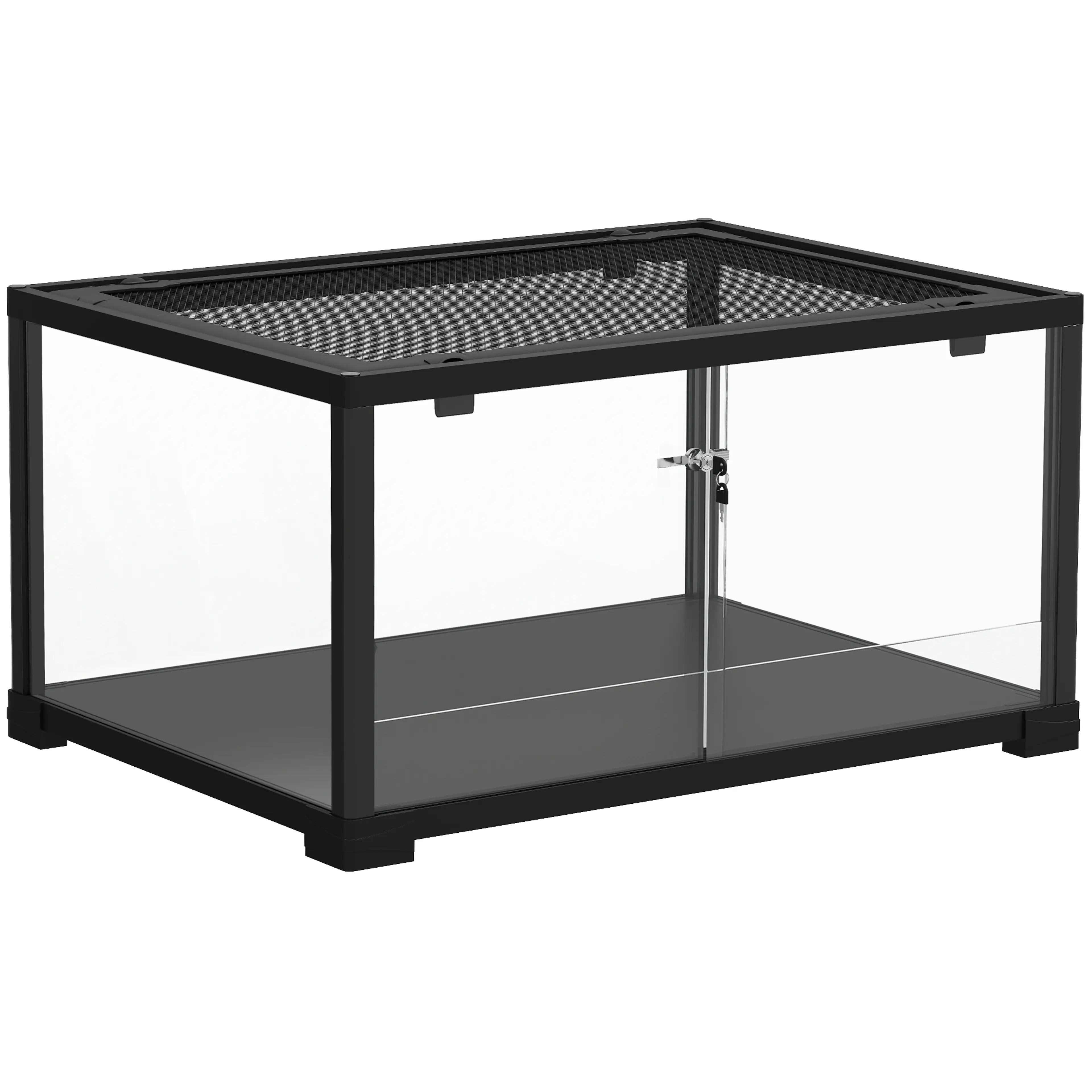 Glasterrarium med svart aluminiumram, nätgaller i taket och skjutdörrar