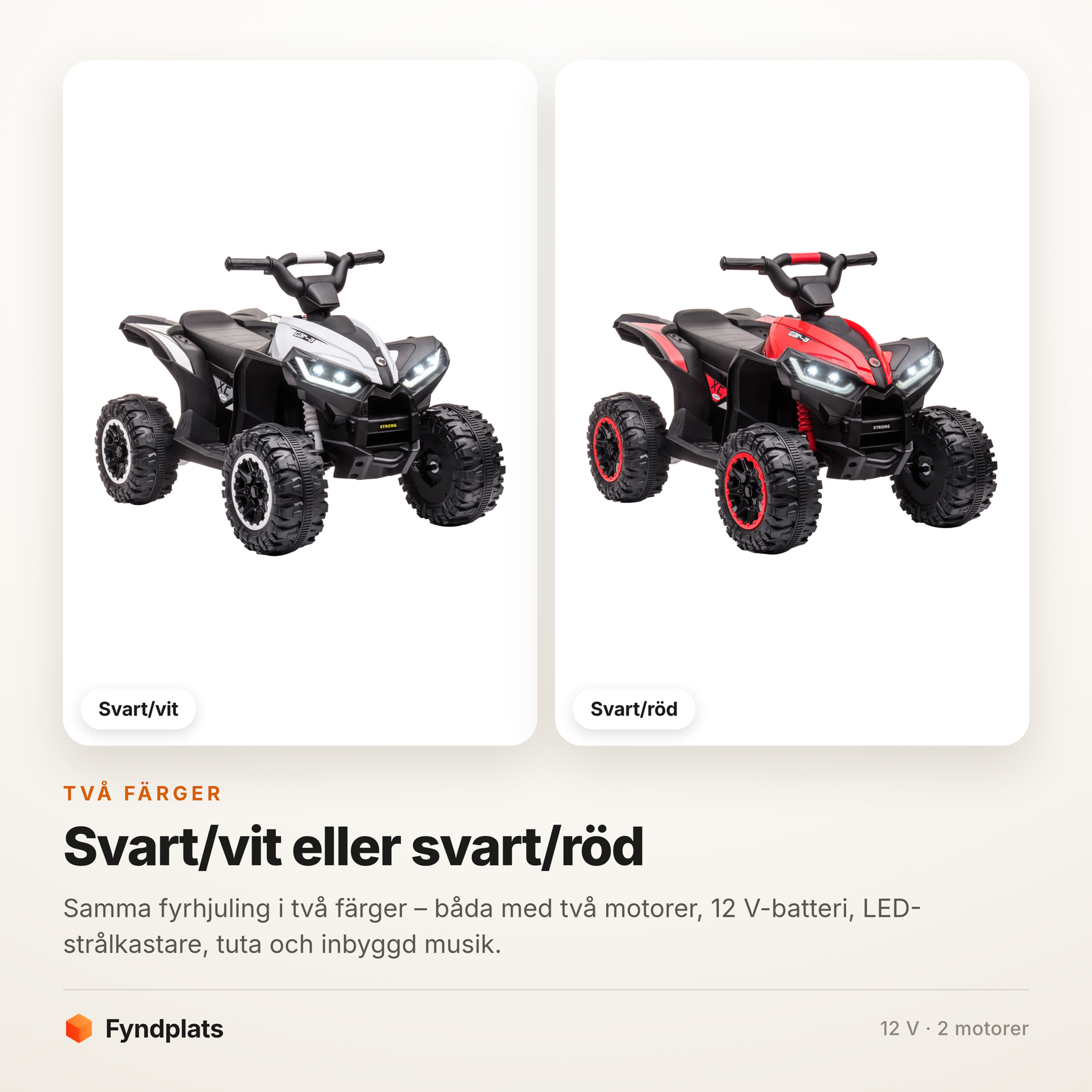 Fyndplats färgkort som visar elfyrhjulingen i svart/vitt och svart/rött.