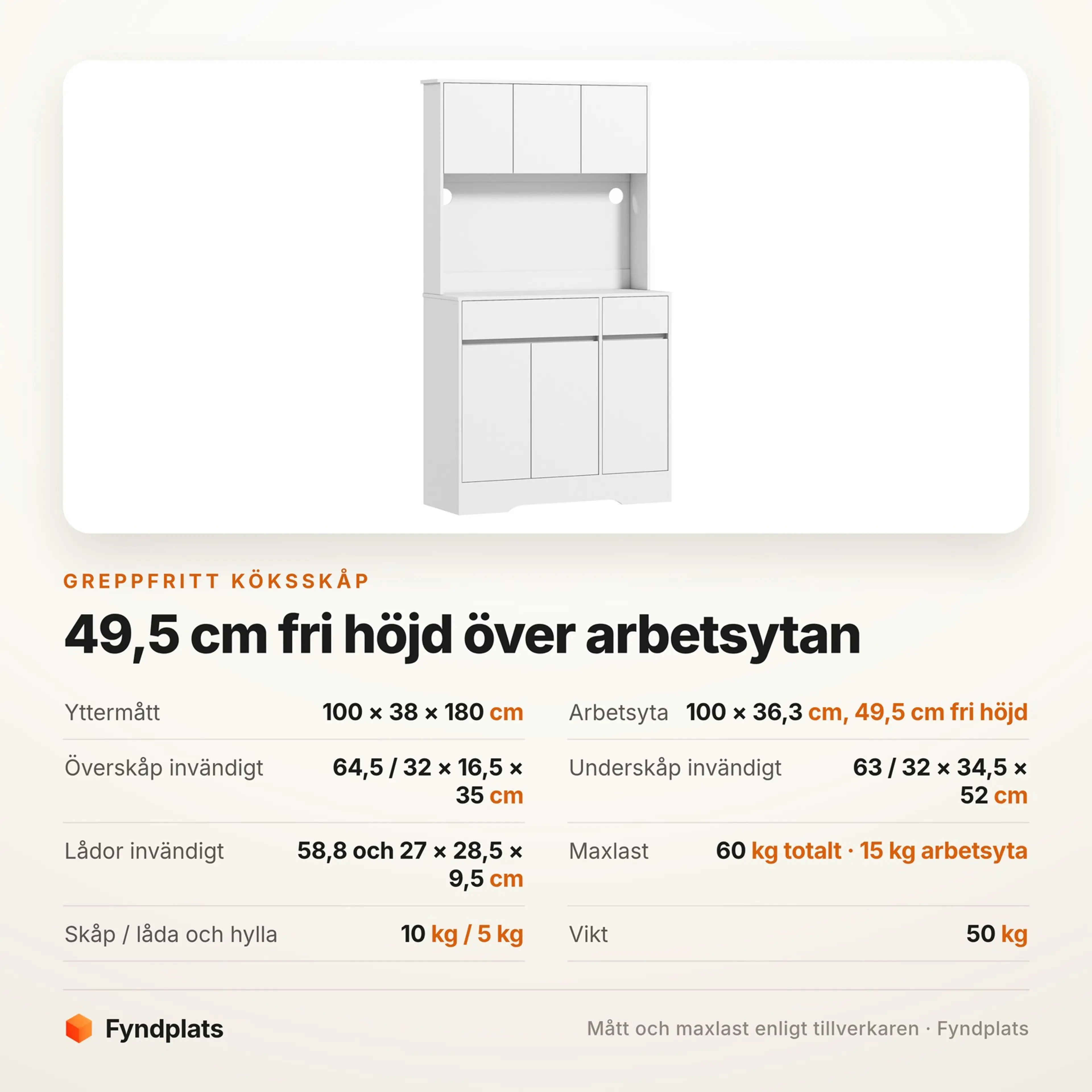 Spec-kort med mått och maxlast för det greppfria köksskåpet