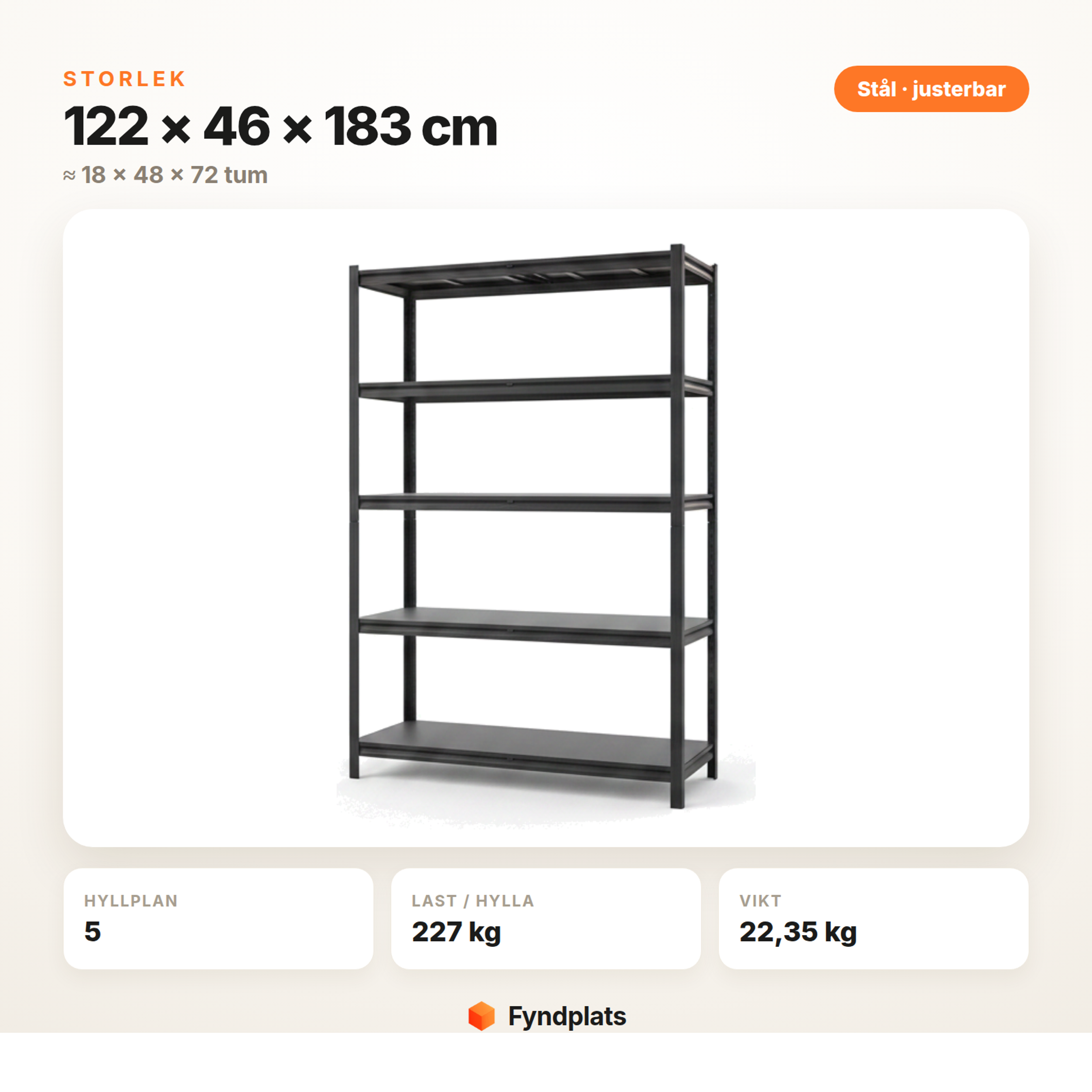 Garagehylla 46 × 122 × 183 cm med 5 hyllplan