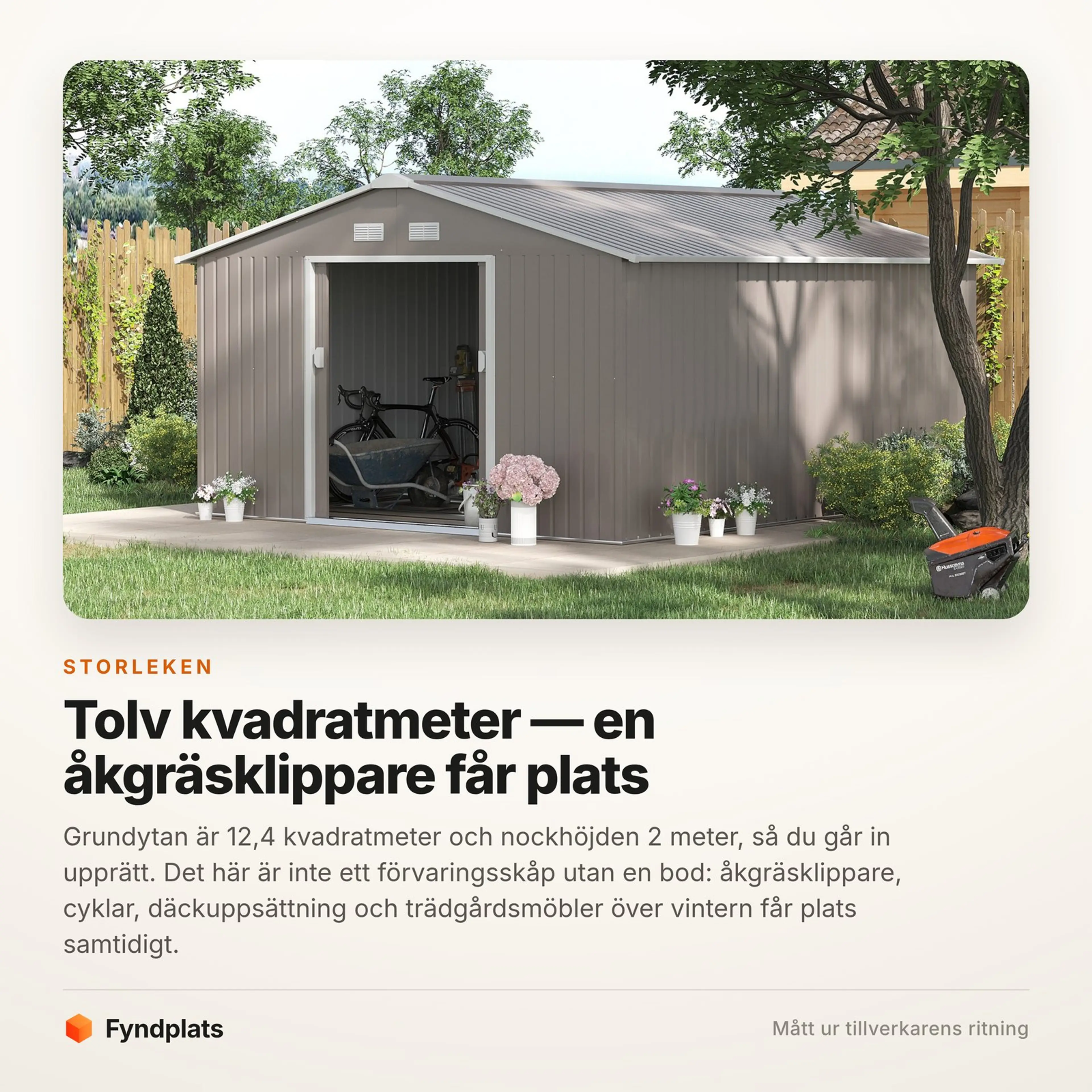Fyndplats faktakort: 12,4 kvadratmeter rymmer en åkgräsklippare