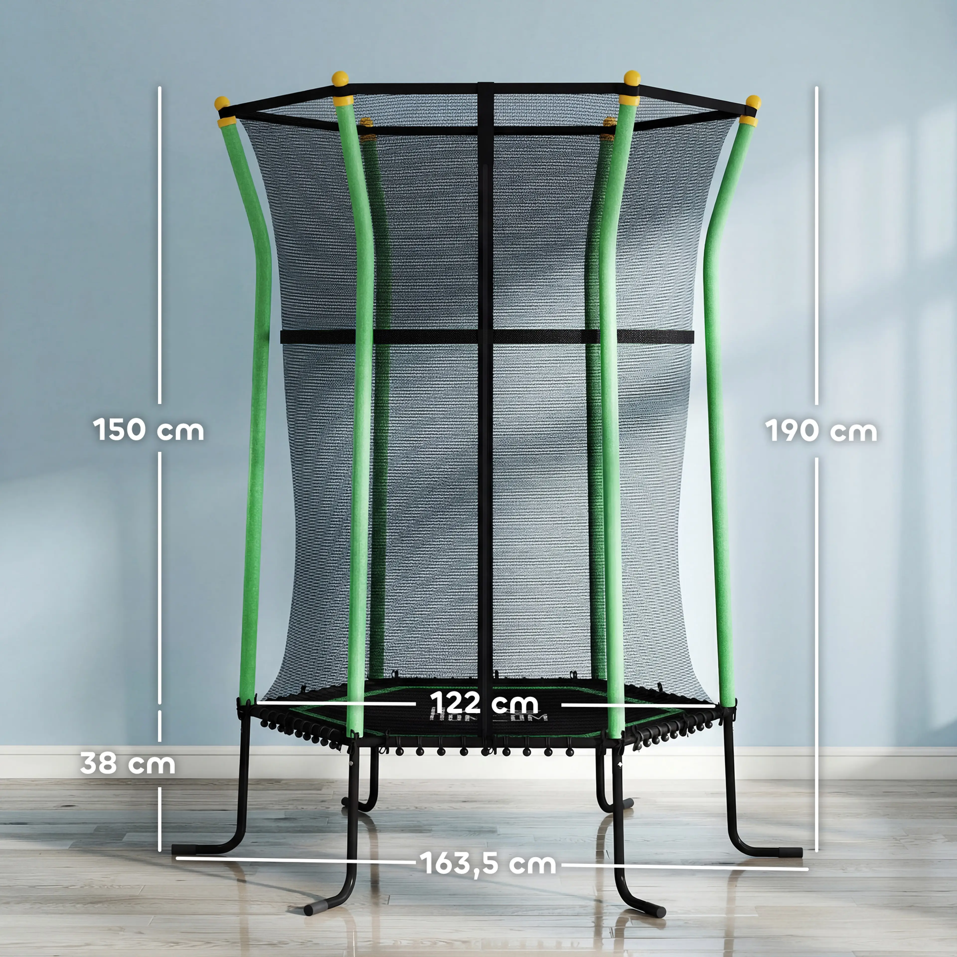 Måttskiss: ramen 122 cm bred, 163,5 cm mellan fötterna och 190 cm total höjd
