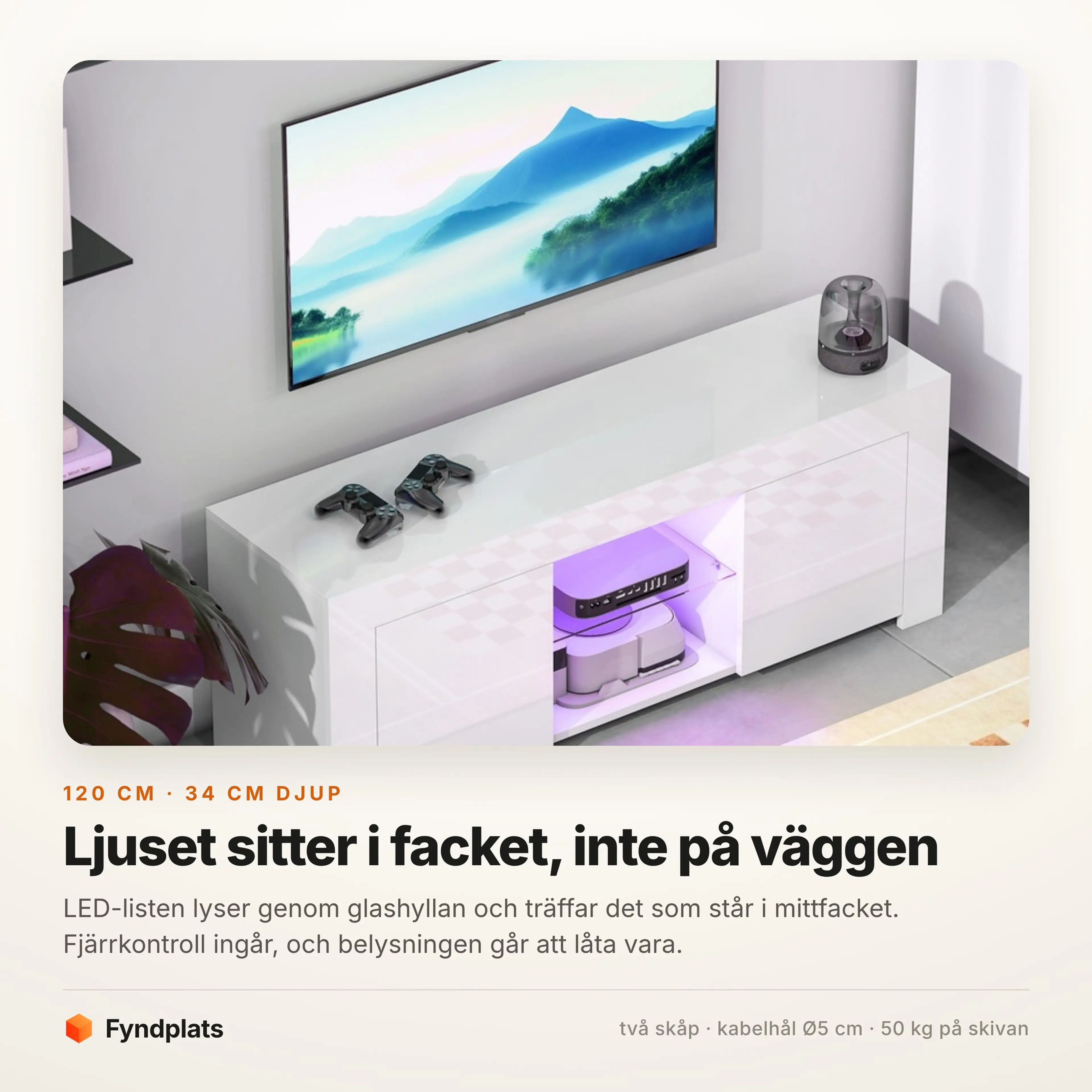 TV-bänk 120 cm med LED och två luckor – bild 3
