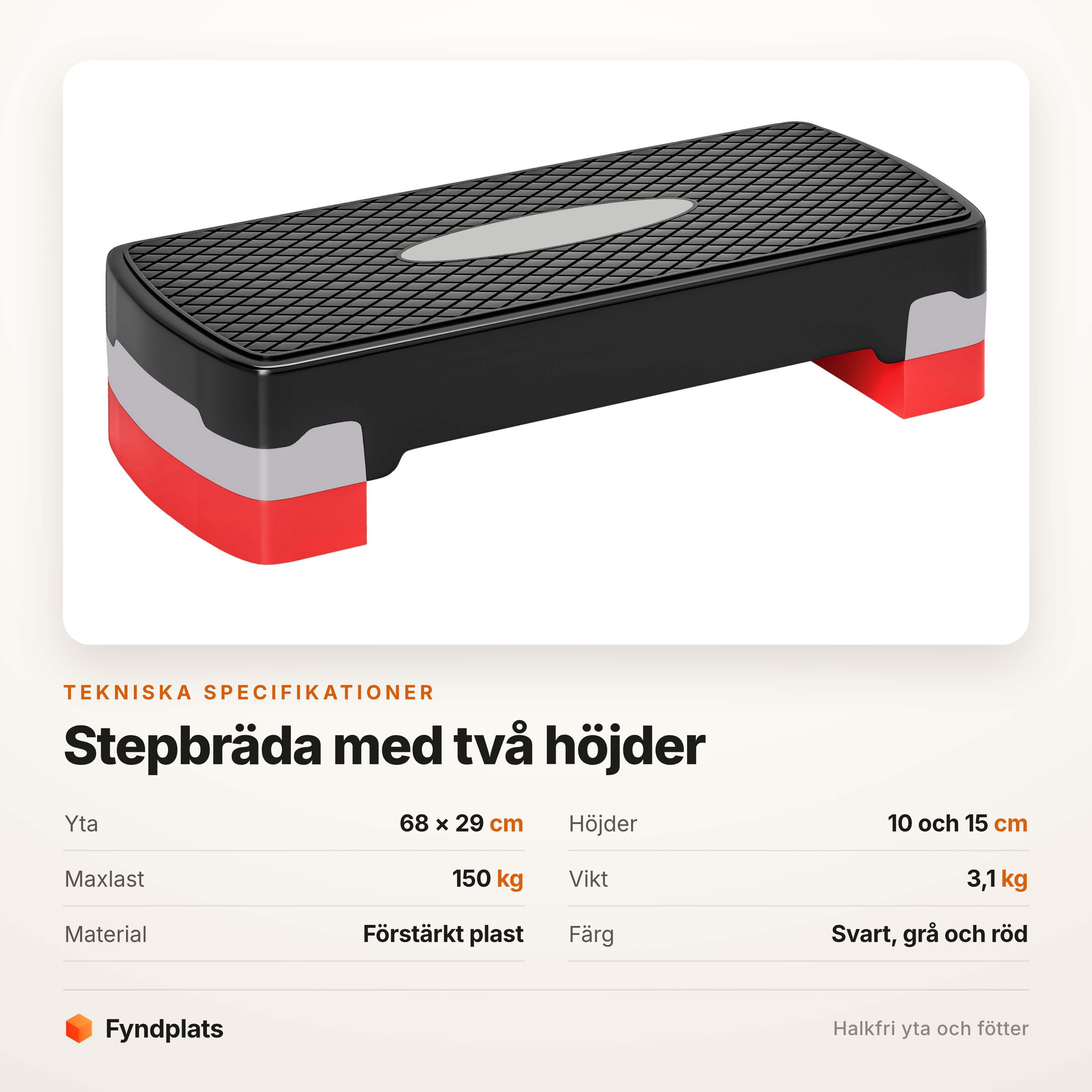 Fyndplats spec-kort för stepbrädan: 68 × 29 cm yta, höjder 10 och 15 cm, maxlast 150 kg och vikt 3,1 kg