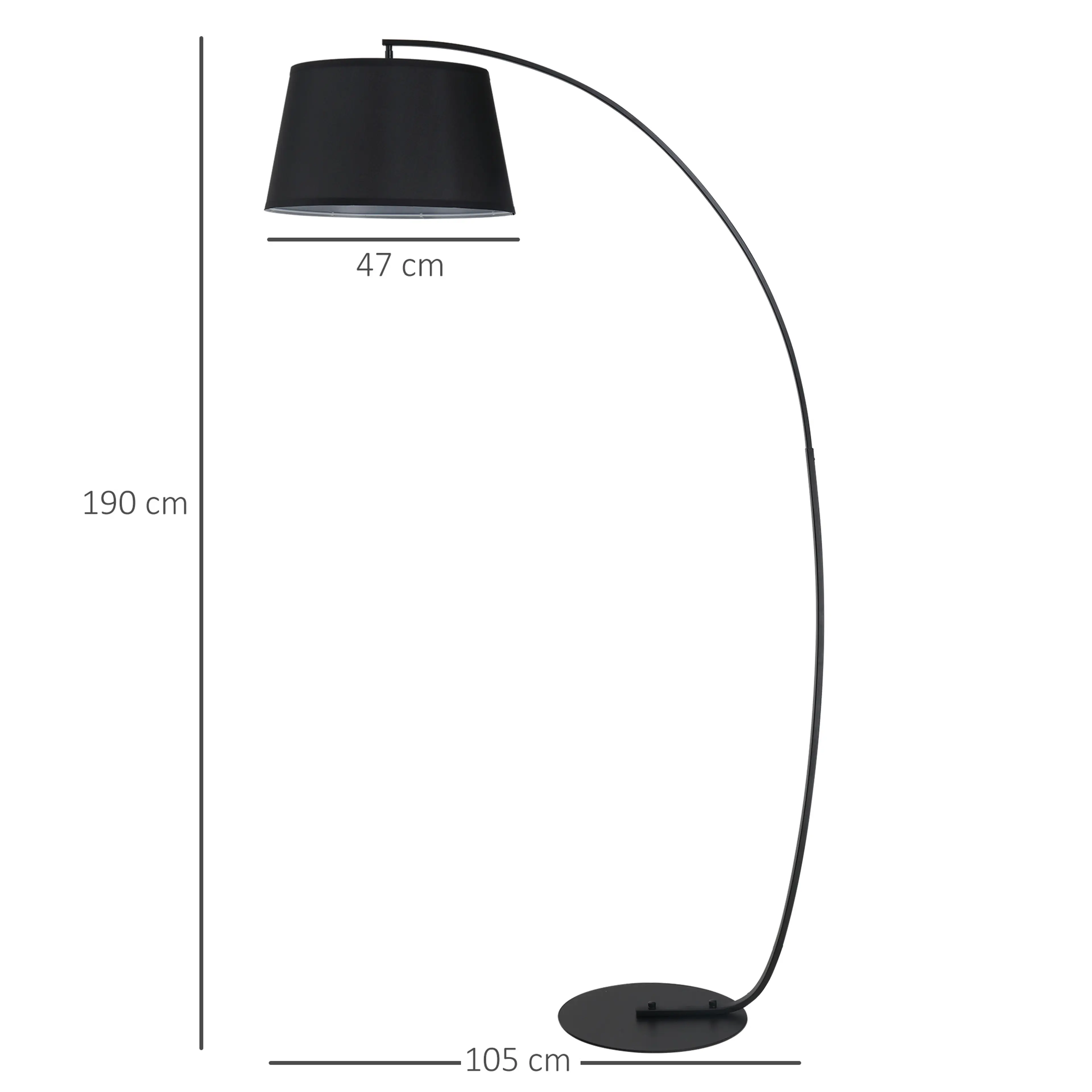 Måttritning med skärmens Ø47 cm, totalhöjd 190 cm och bågens räckvidd 105 cm