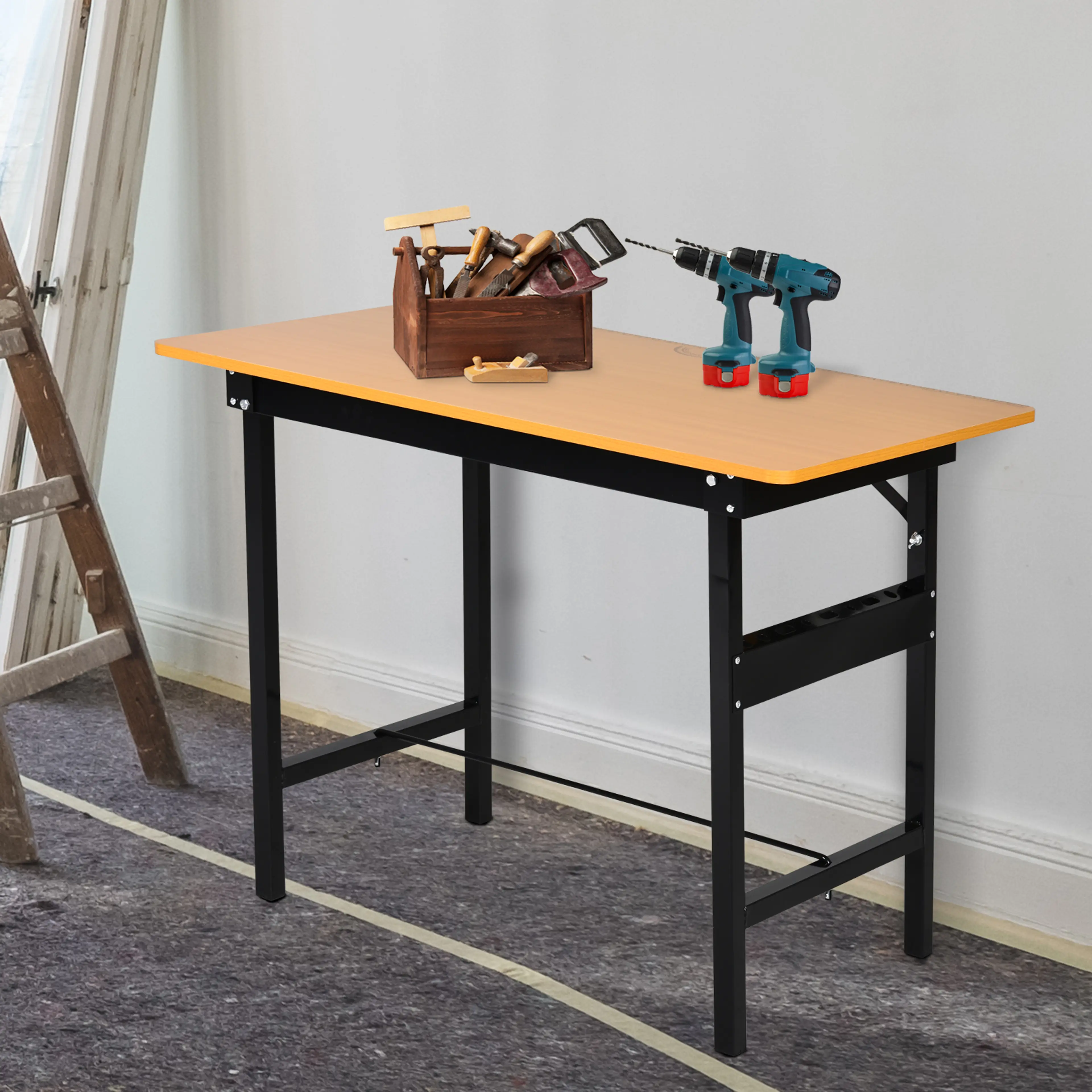 Hopfällbar arbetsbänk med linjal och gradskiva – metall och MDF, 100 kg