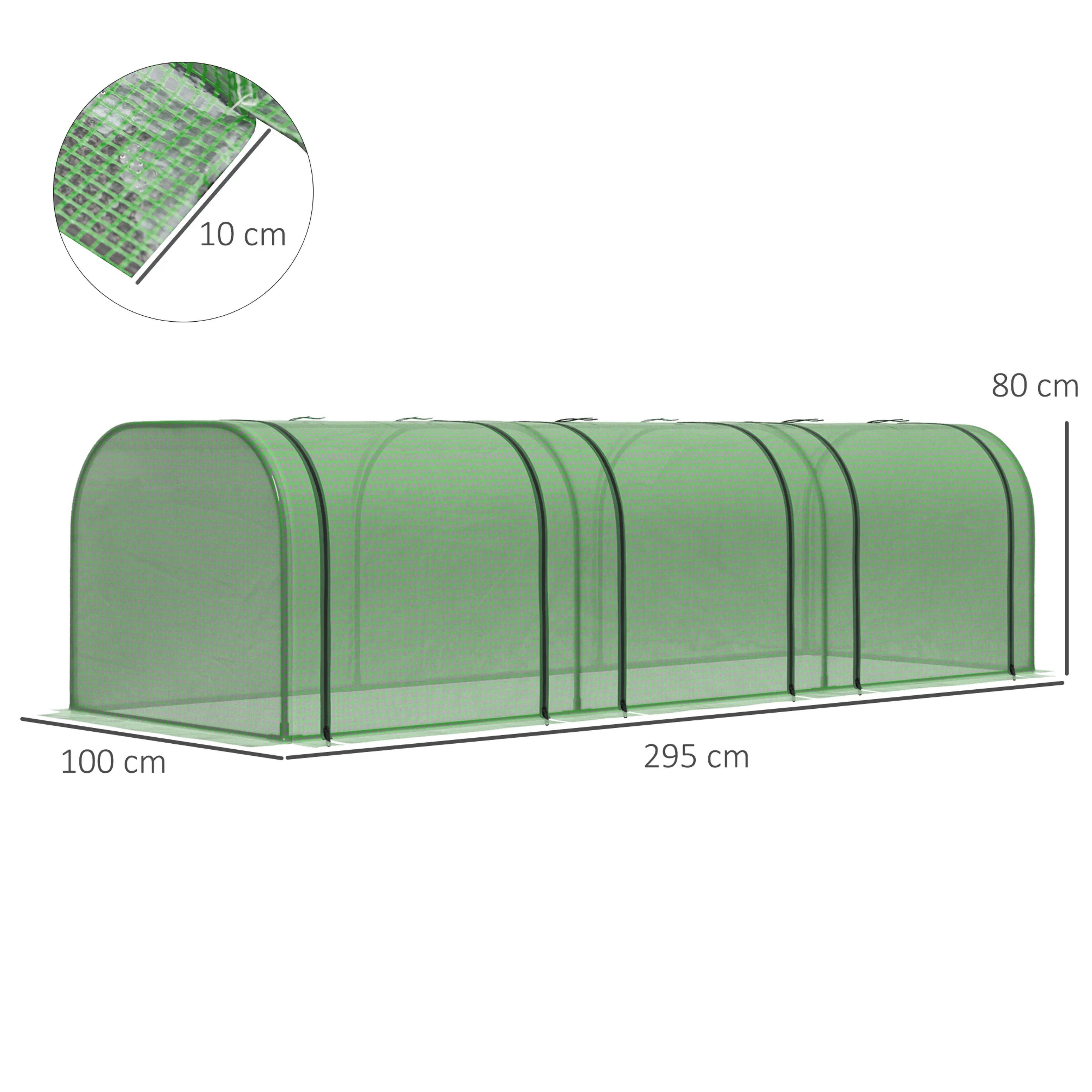 Måttskiss: 295 cm lång, 100 cm bred och 80 cm hög med 10 cm markkant