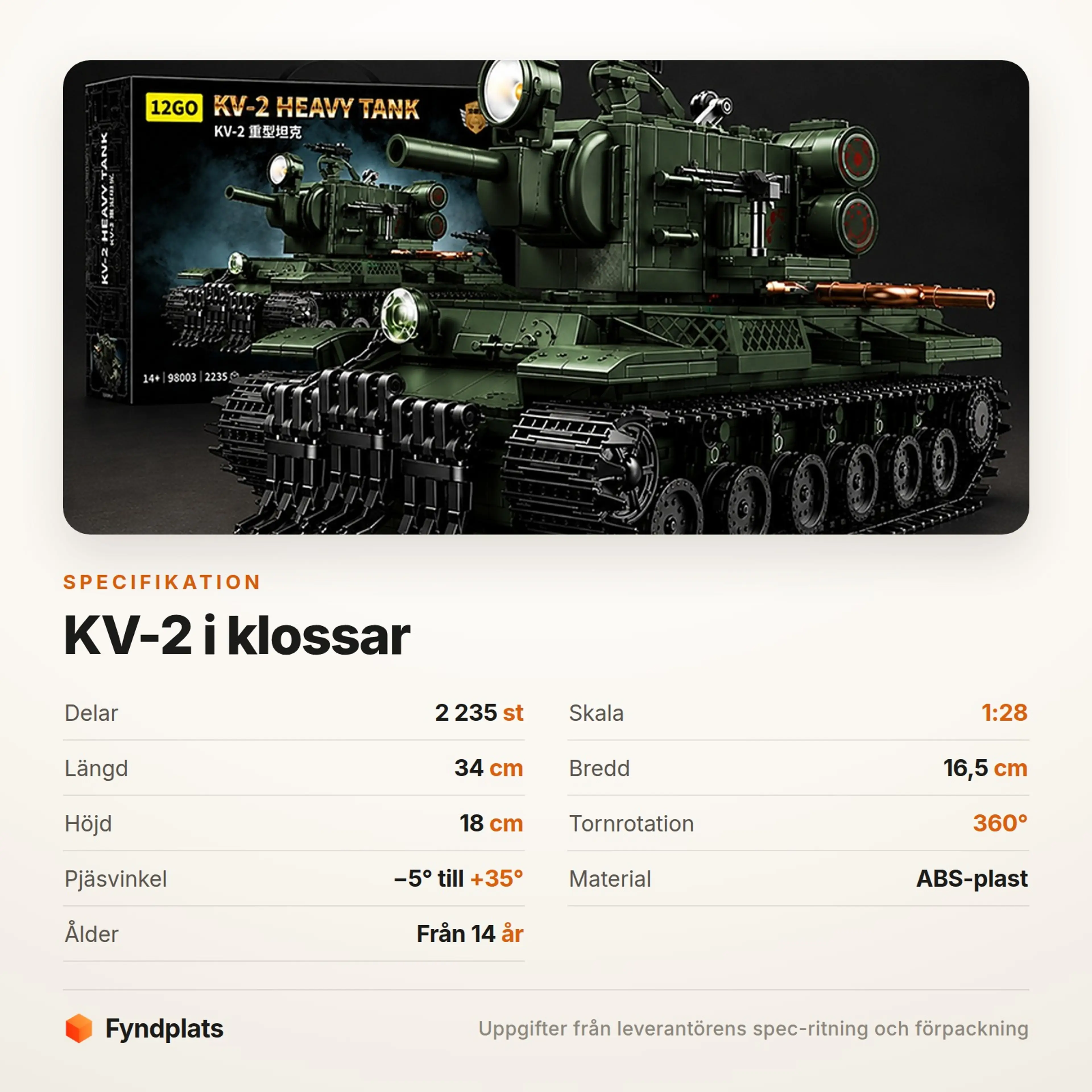 Fyndplats-kort med specifikationer: 2 235 delar, skala 1:28, 34 cm lång och torn som vrids 360 grader