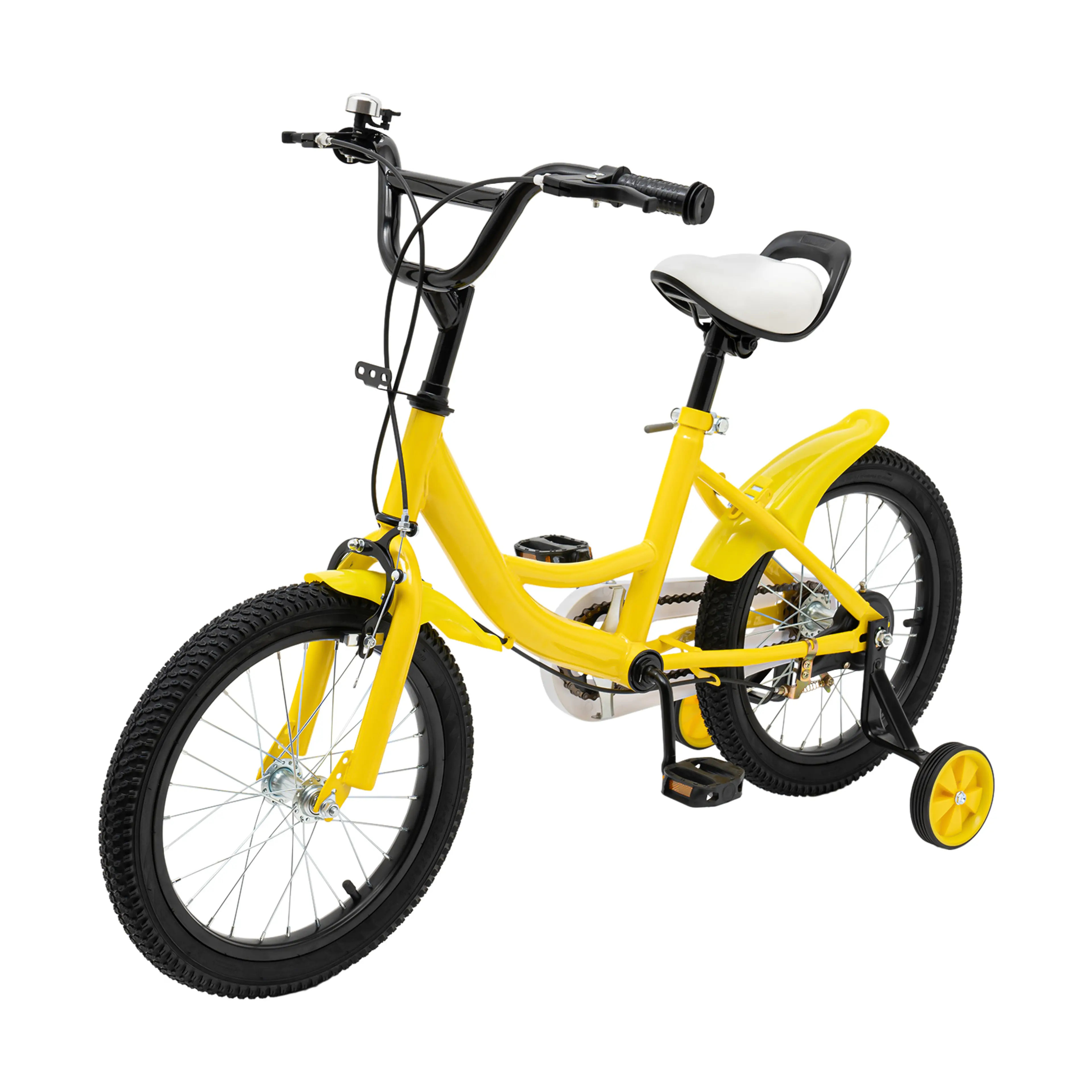 Barncykel 16 tum med stödhjul för barn 100–135 cm – dubbla bromsar, gul